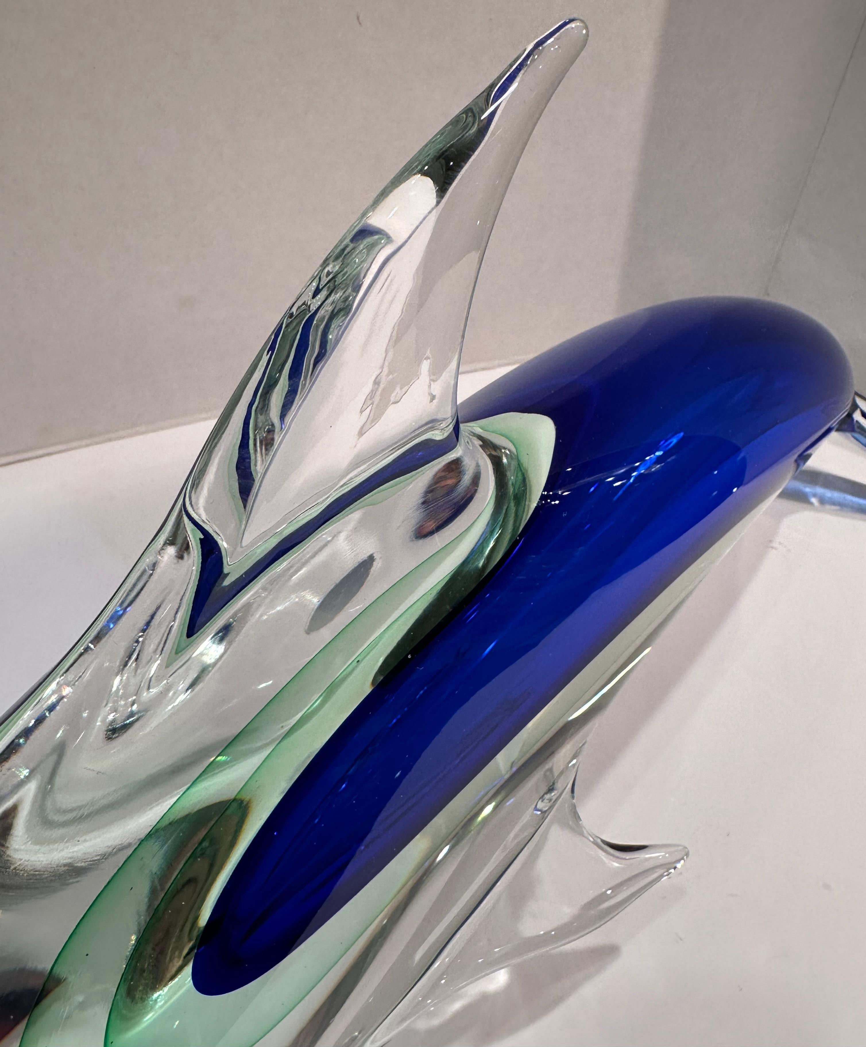 Very Large Murano Art Glass Cobalt Blue and Green Sommerso Dolphin Sculpture In Good Condition For Sale In Tustin, CA