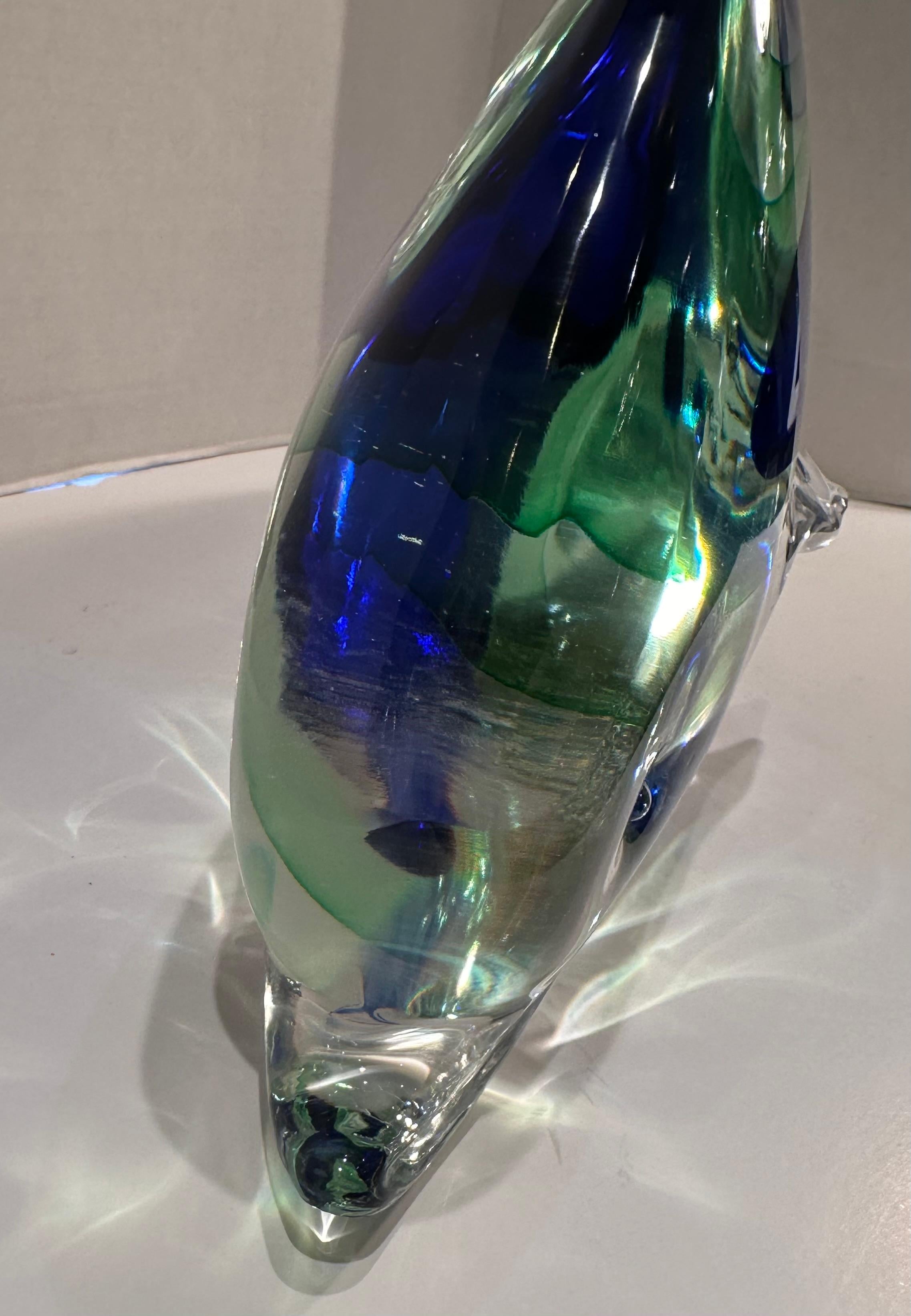 20th Century Very Large Murano Art Glass Cobalt Blue and Green Sommerso Dolphin Sculpture For Sale