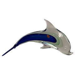 Very Large Murano Art Glass Cobalt Blue and Green Sommerso Dolphin Sculpture