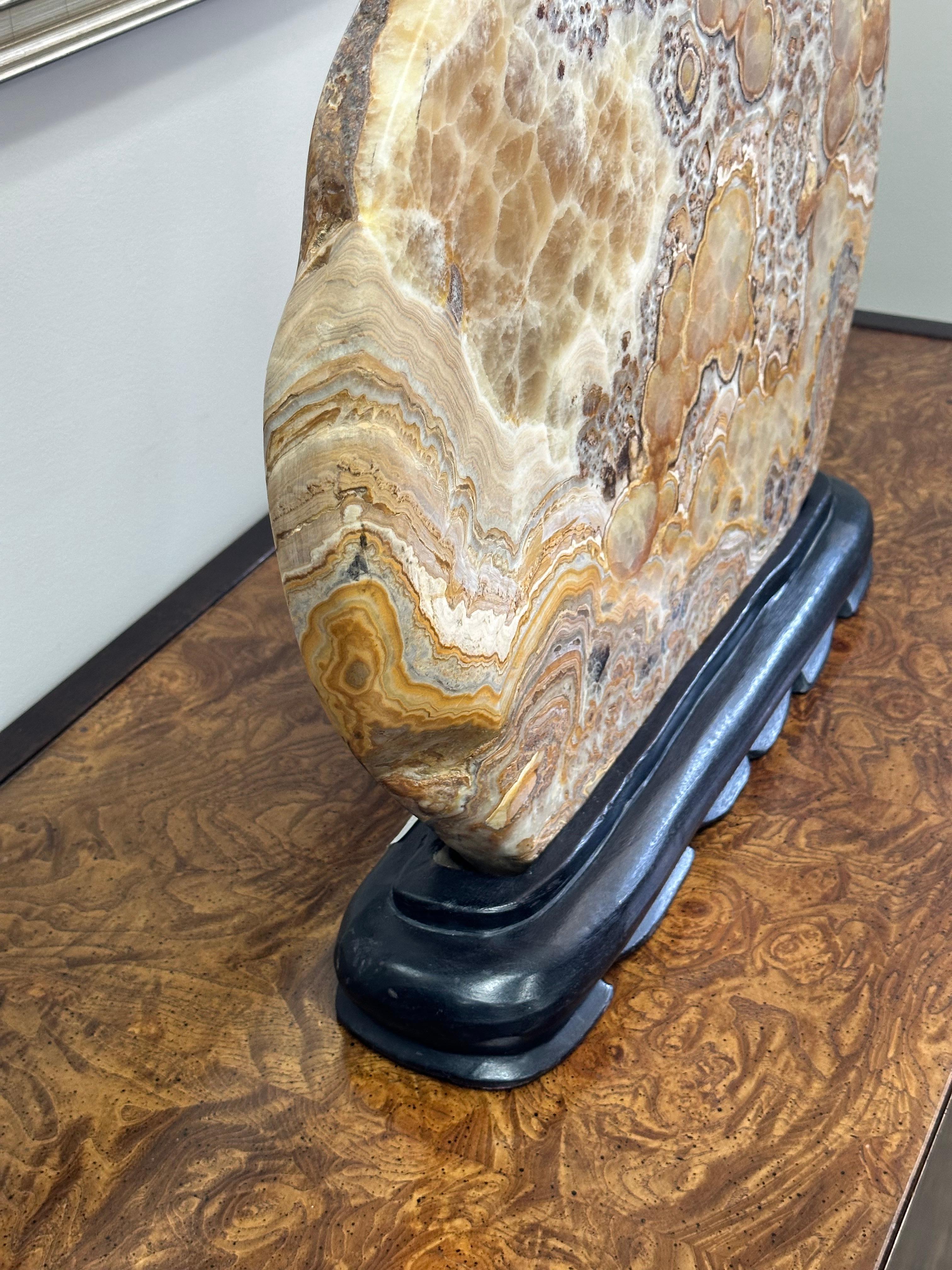 Organic Modern Very Large Natural Onyx Stone Sculpture on Carved Wooden Base  For Sale