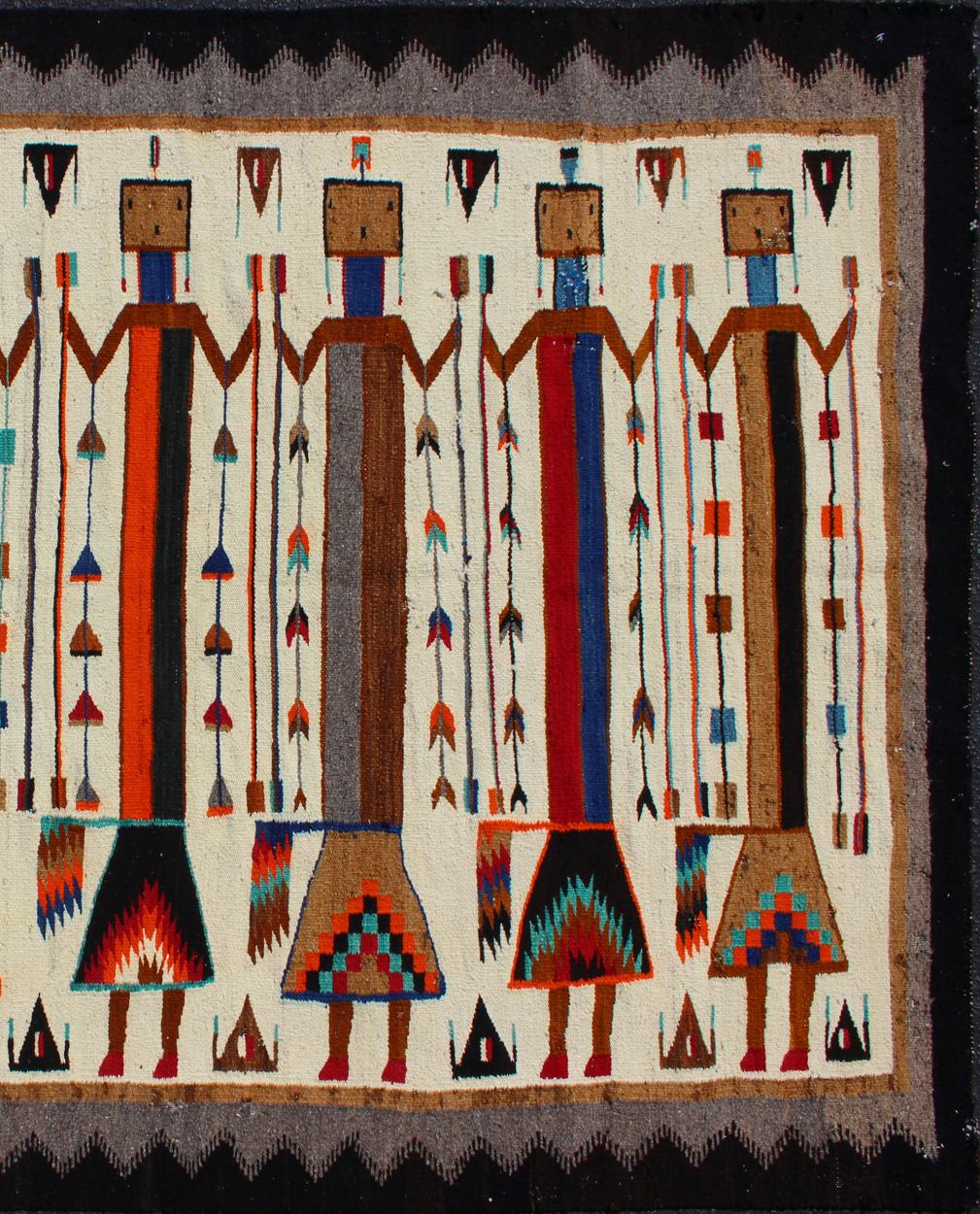 American Navajo Kilim with Tribal and geometric design in ivory field and black border with Red, black, orange, grey and multi colors kilim 1912-1512, country of origin / type: America / Navajo, circa 1950

This intriguing large vintage Navajo