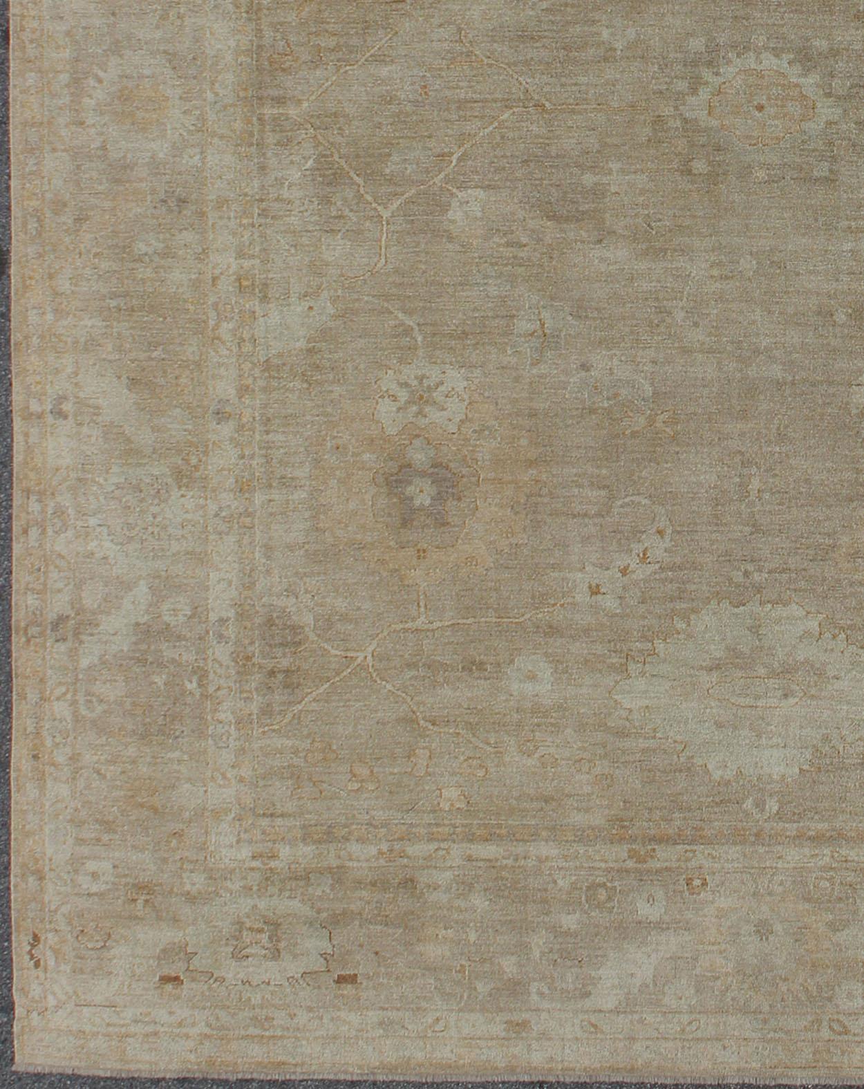 Turkish Very Large Neutral Angora Oushak in Warm Tones of Taupe, Wheat, Tan & Light Blue For Sale