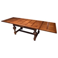 Very Large Oak Parquetry Top Draw-Leaf Refectory Table