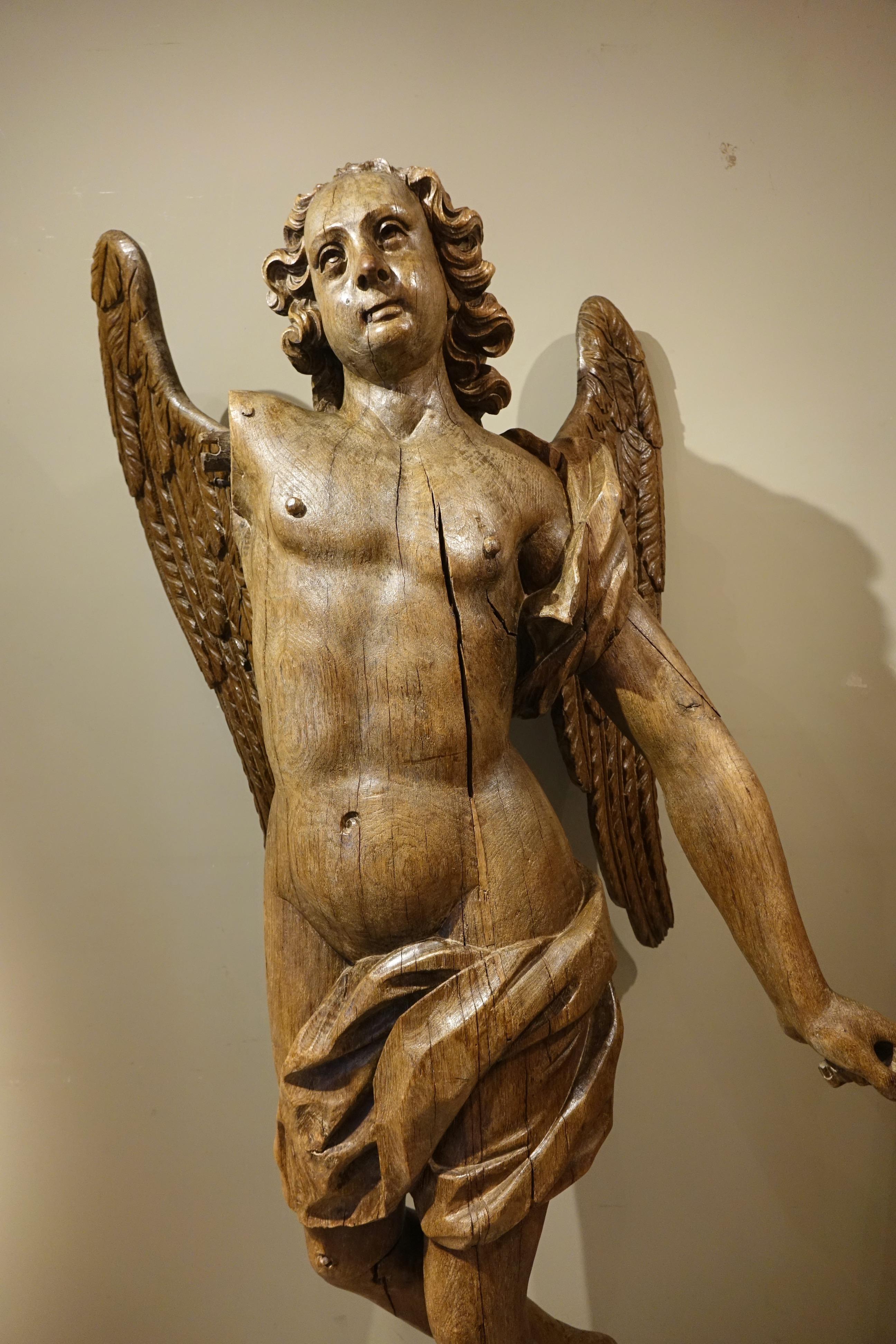 Very large scale winged angel (1.63 m high), on a sculpted sphere in the round, probably part of an altarpiece?
The whole, imposing in size, nevertheless gives an impression of lightness.
Missing right arm, with cracks and a small greft in one of