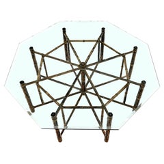 Very Large Octagonal Glass Top Leather Strapped Bamboo McGuire Dining Table