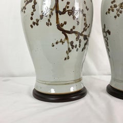 Very Large Off White & Brown Cherry Blossom Asian Vase Lamps