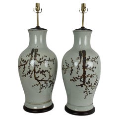 Very Large Off White & Brown Cherry Blossom Asian Vase Lamps