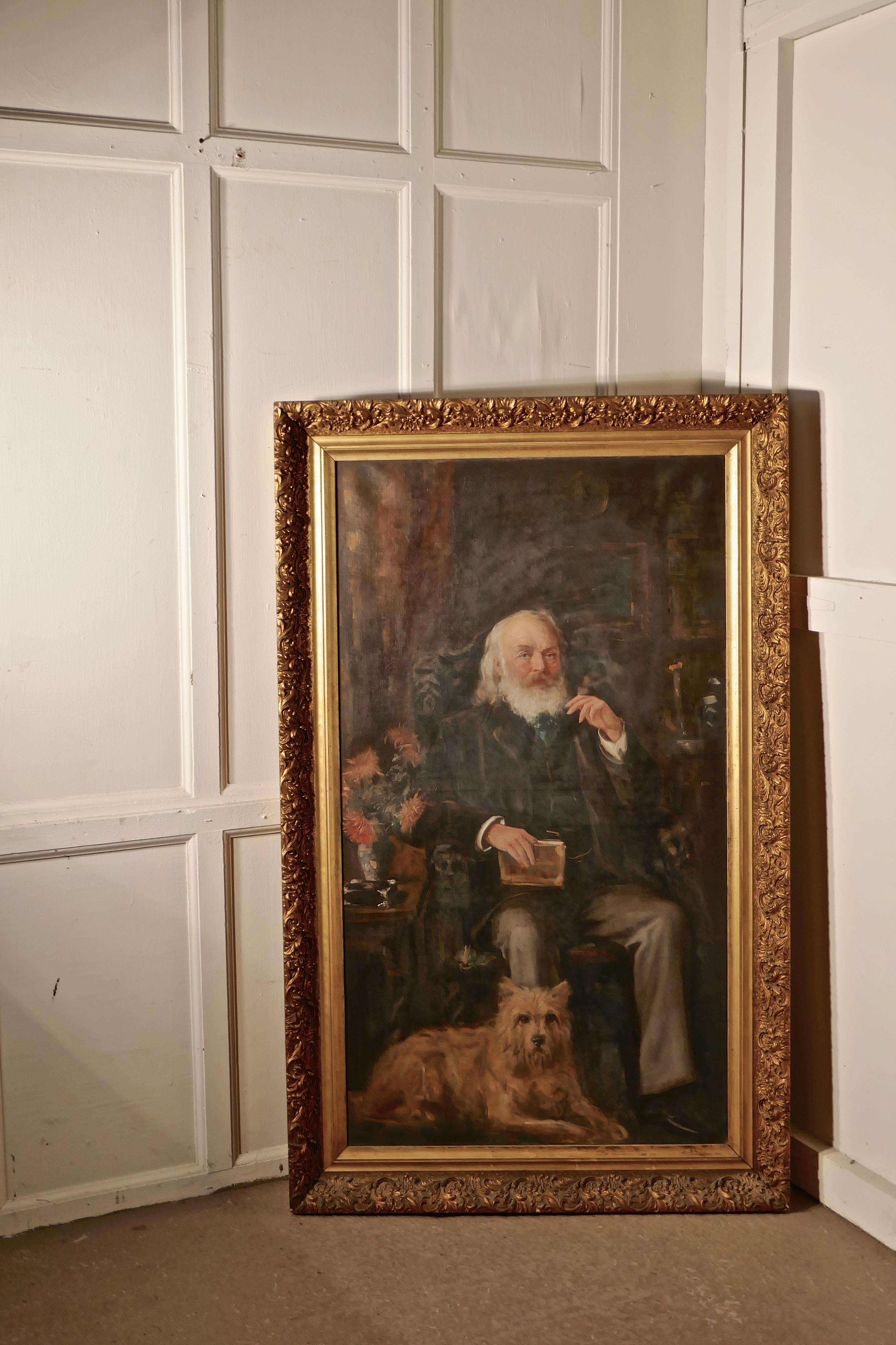 Very large oil painting, portrait of an old gentleman and his dog.

A wonderful statement piece and such a handsome subject, our sitter has curly white beard and sparkling blue eyes 

He is sitting in his study with book in one hand and his