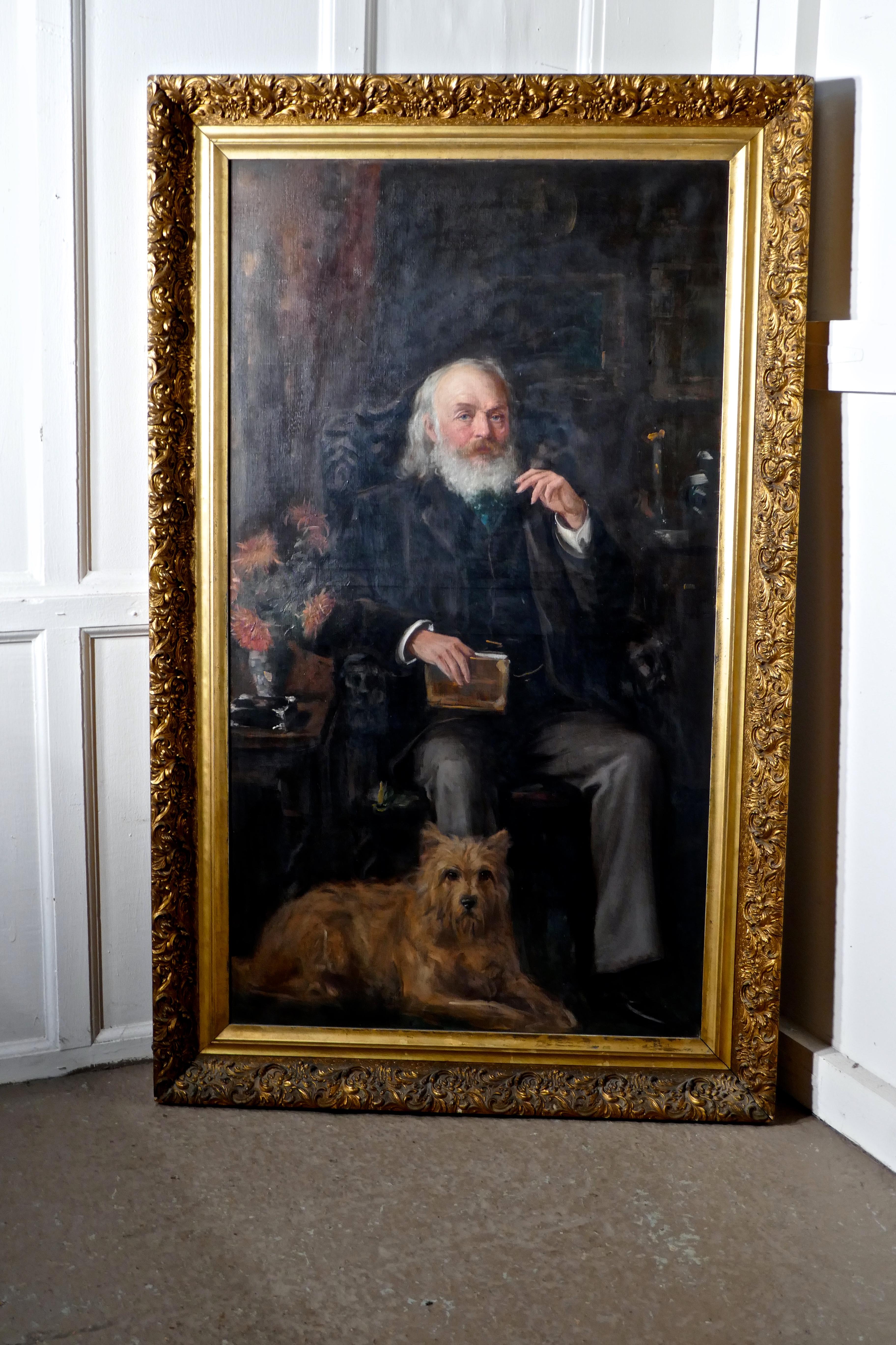 Victorian Very Large Oil Painting, Portrait of an Old Gentleman and His dog