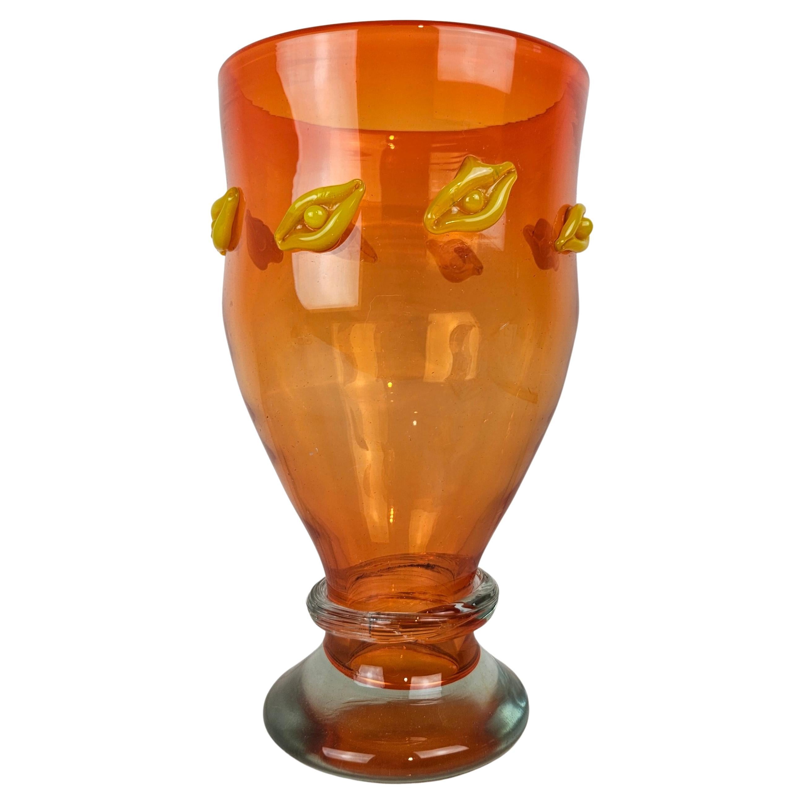 Gran jarrón de cristal italiano naranja con lunares amarillos