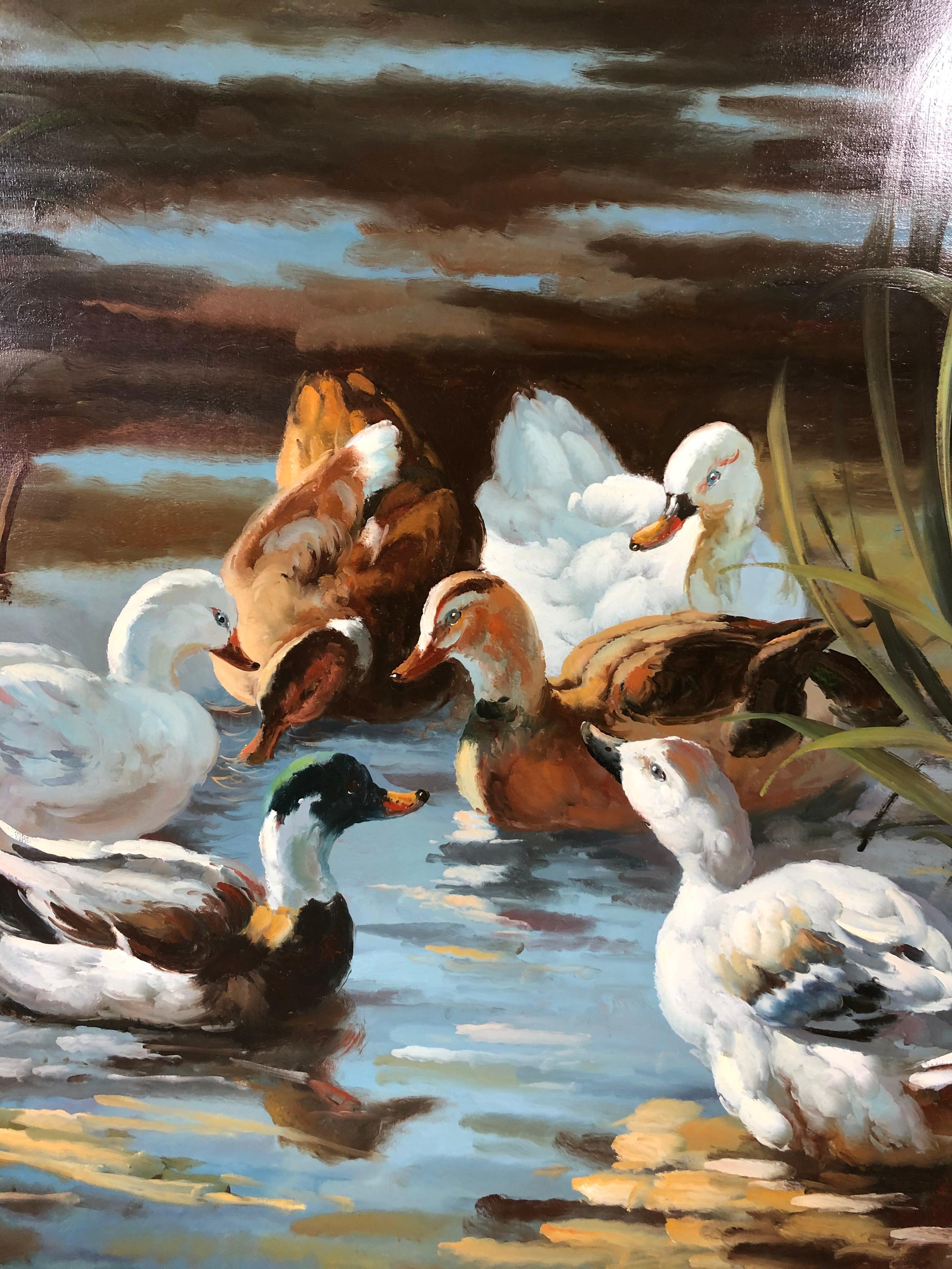 A strikingly large original oil on canvas signed Monte depicting a group of peaceful ducks among sea grass and calm water. Canvas is 48W x 40H
Carved wooden frame and painted liner.