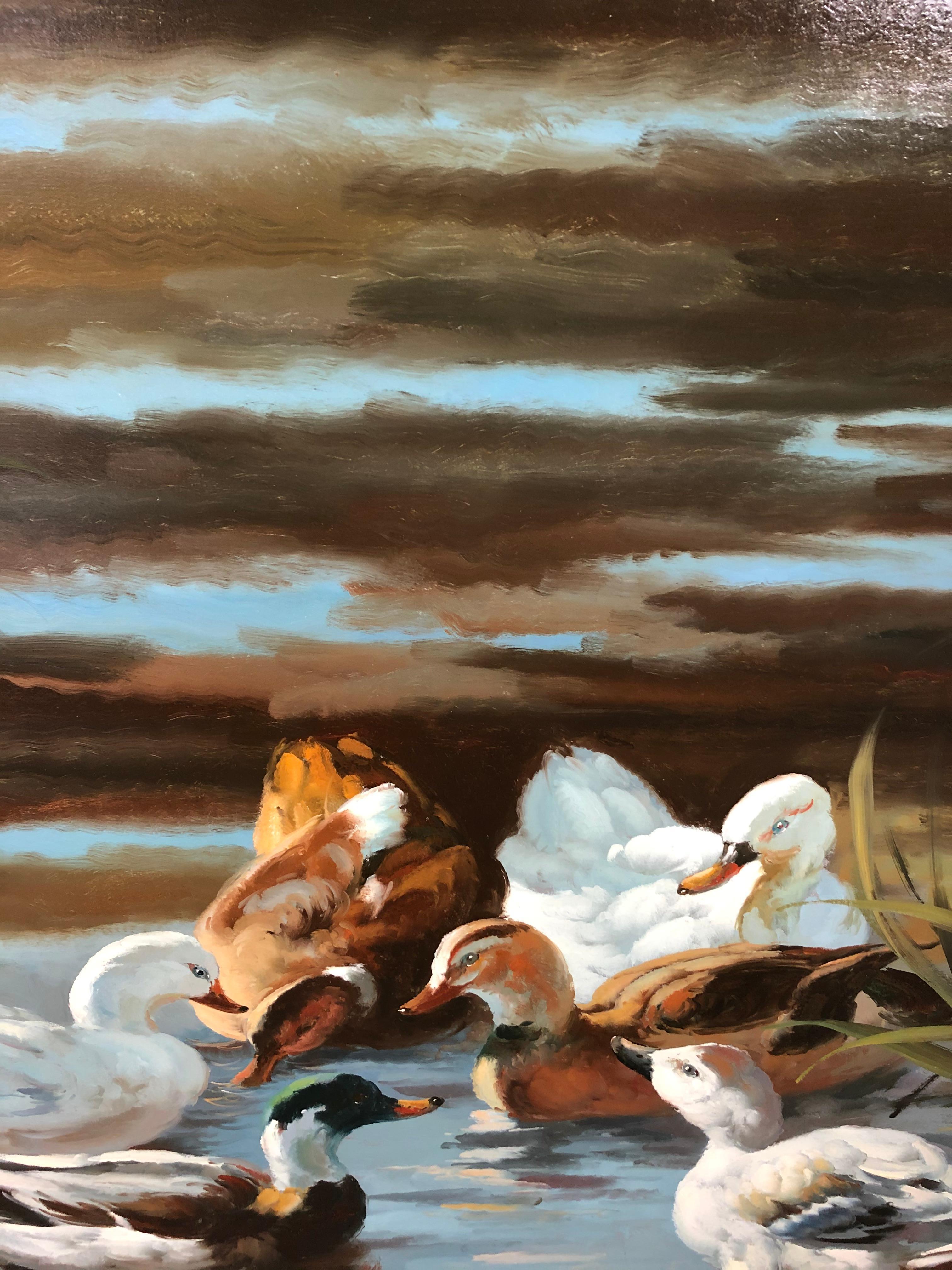 Very Large Original Oil on Canvas of Ducks in Pond In Excellent Condition In Hopewell, NJ