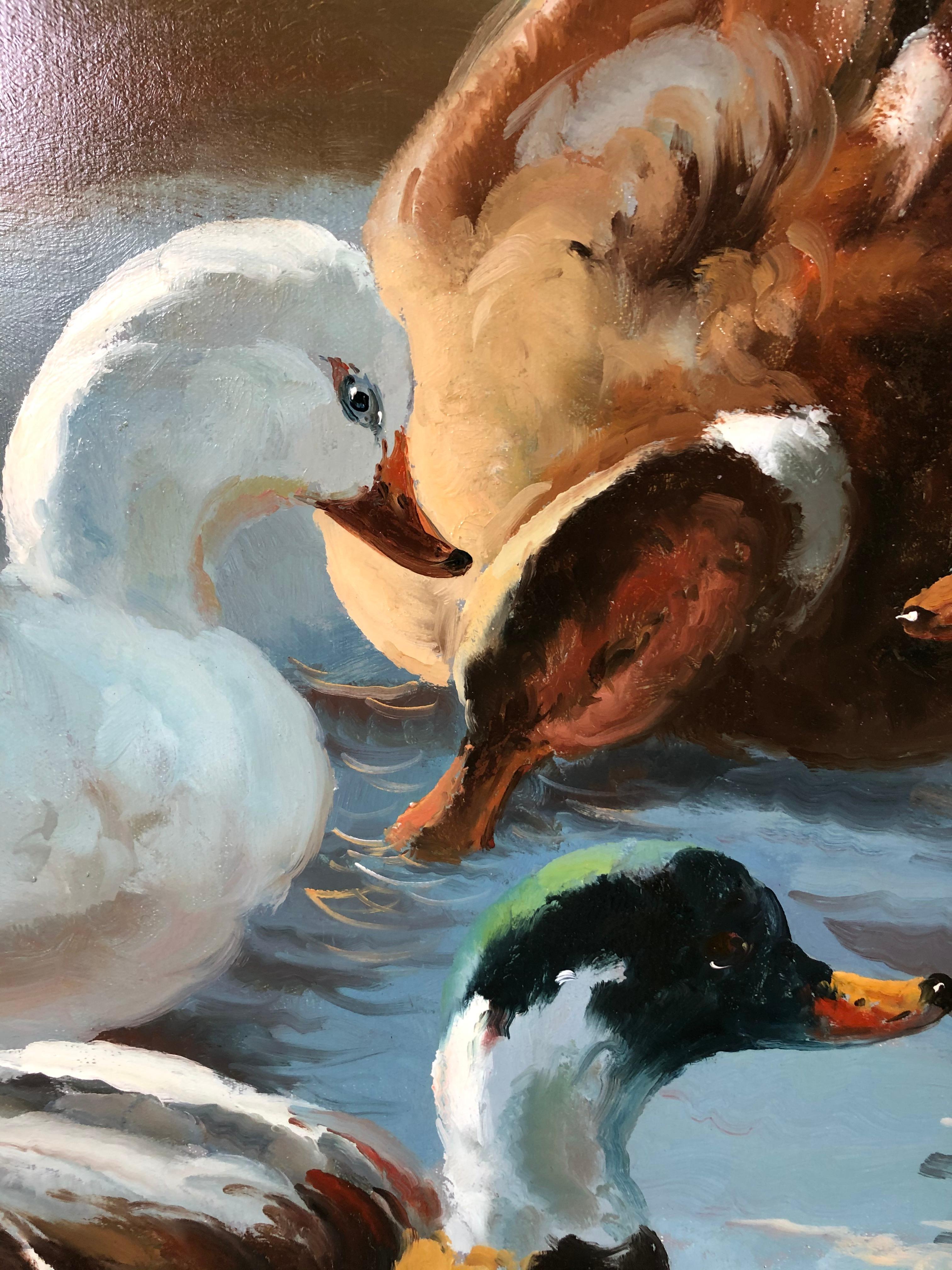 Very Large Original Oil on Canvas of Ducks in Pond 1