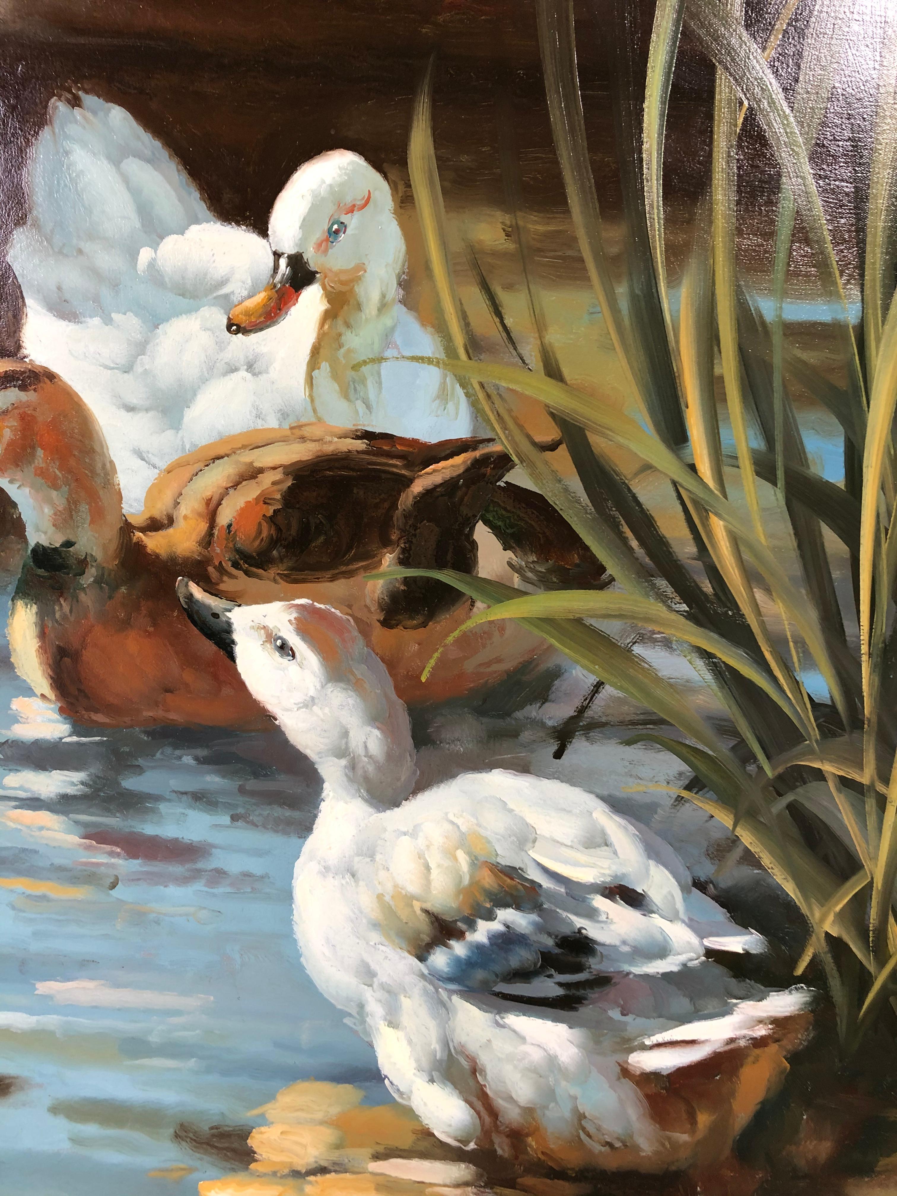 Very Large Original Oil on Canvas of Ducks in Pond 3