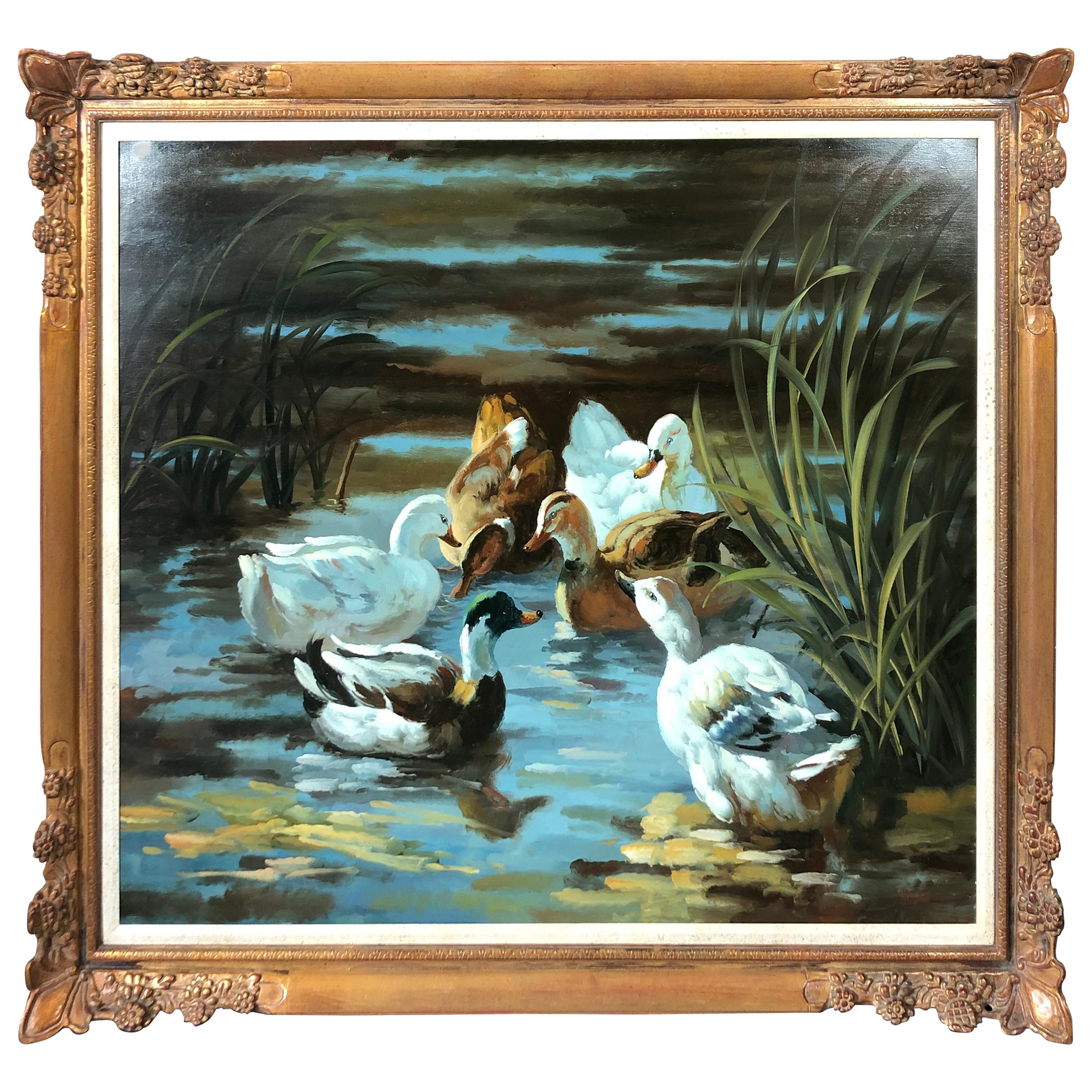 Very Large Original Oil on Canvas of Ducks in Pond