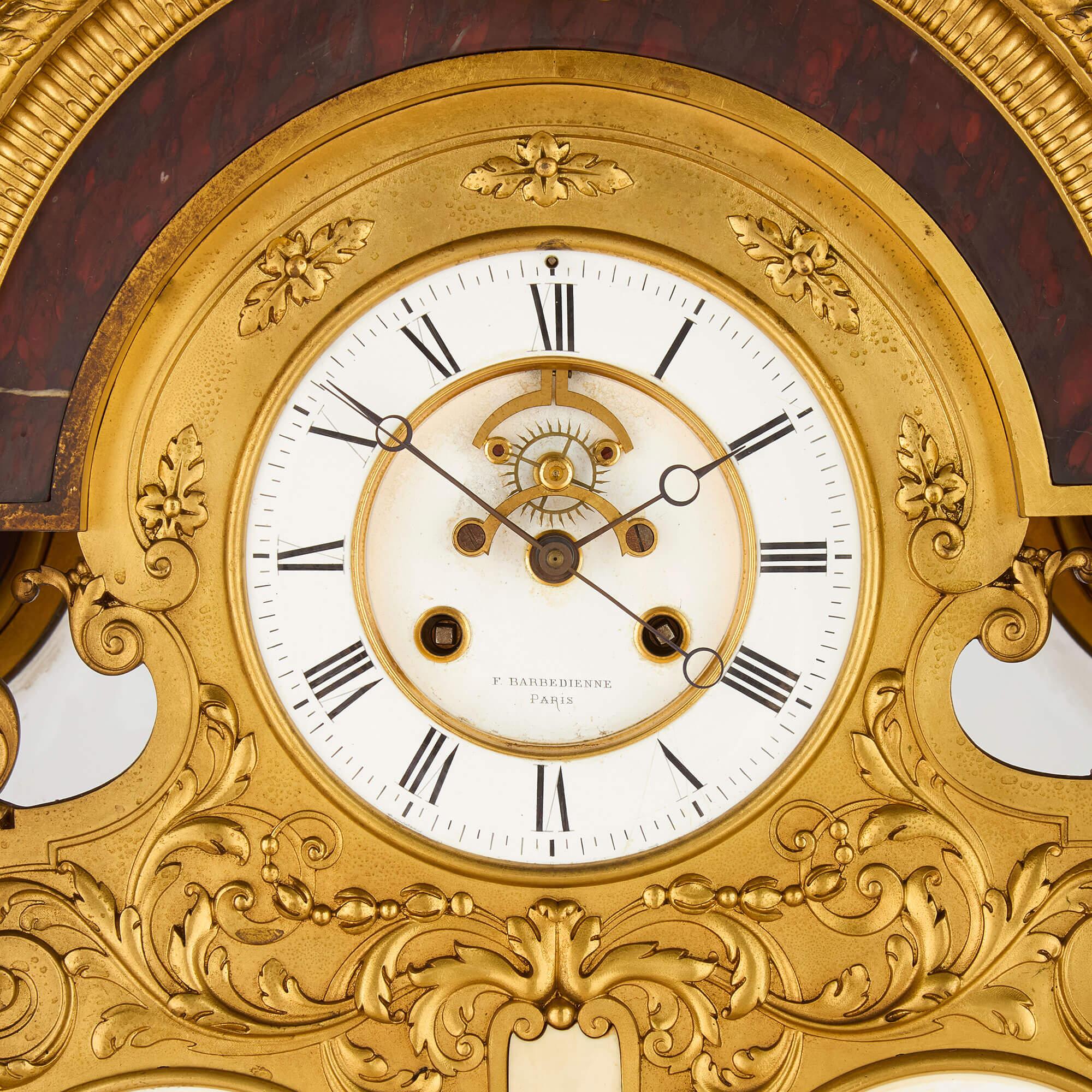 Carved Very Large Ormolu Marble Regulator Calendar Mantle Clock Barbedienne For Sale