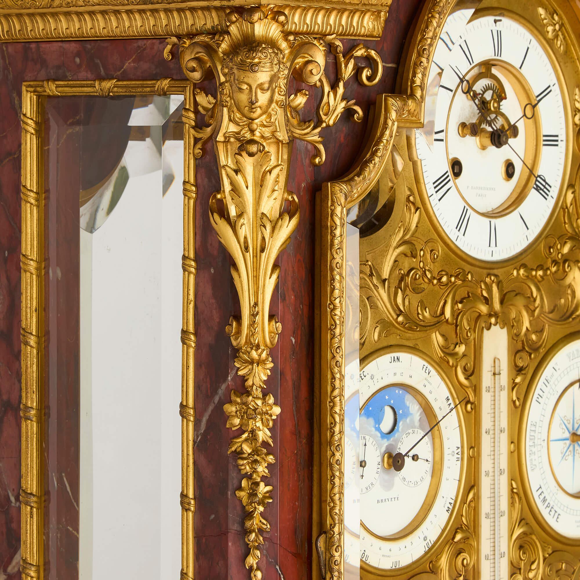 19th Century Very Large Ormolu Marble Regulator Calendar Mantle Clock Barbedienne For Sale