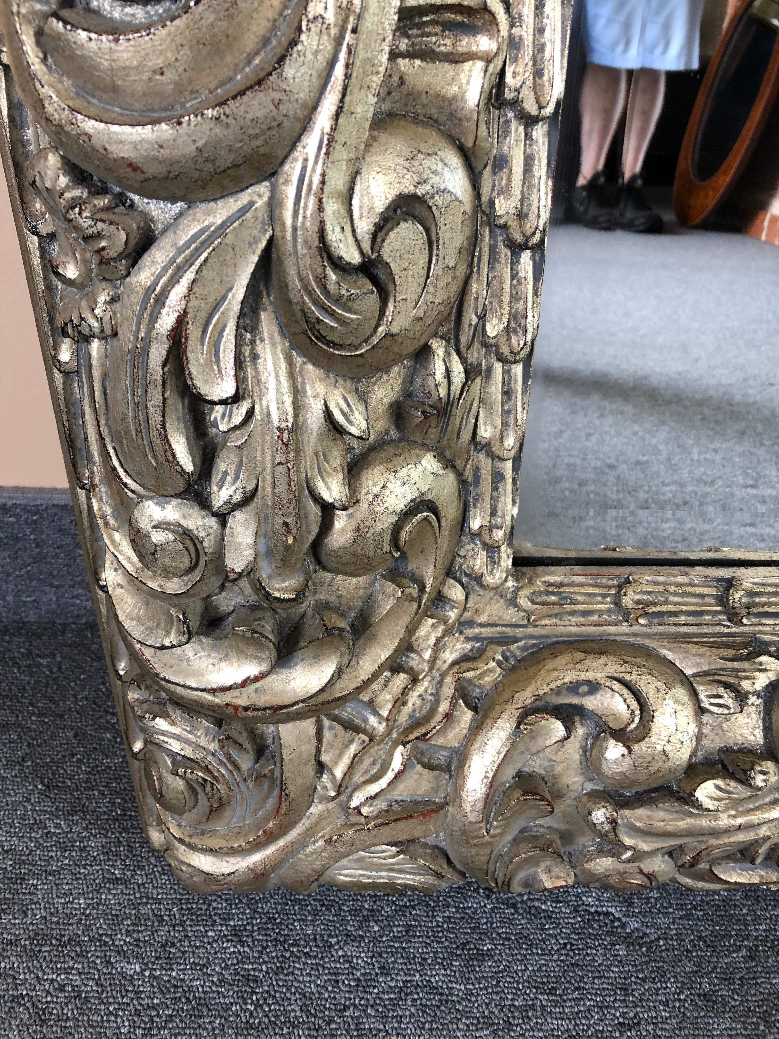 Italian Very Large Ornately Carved Silver Leaf Horizontal Rectangular Mirror For Sale