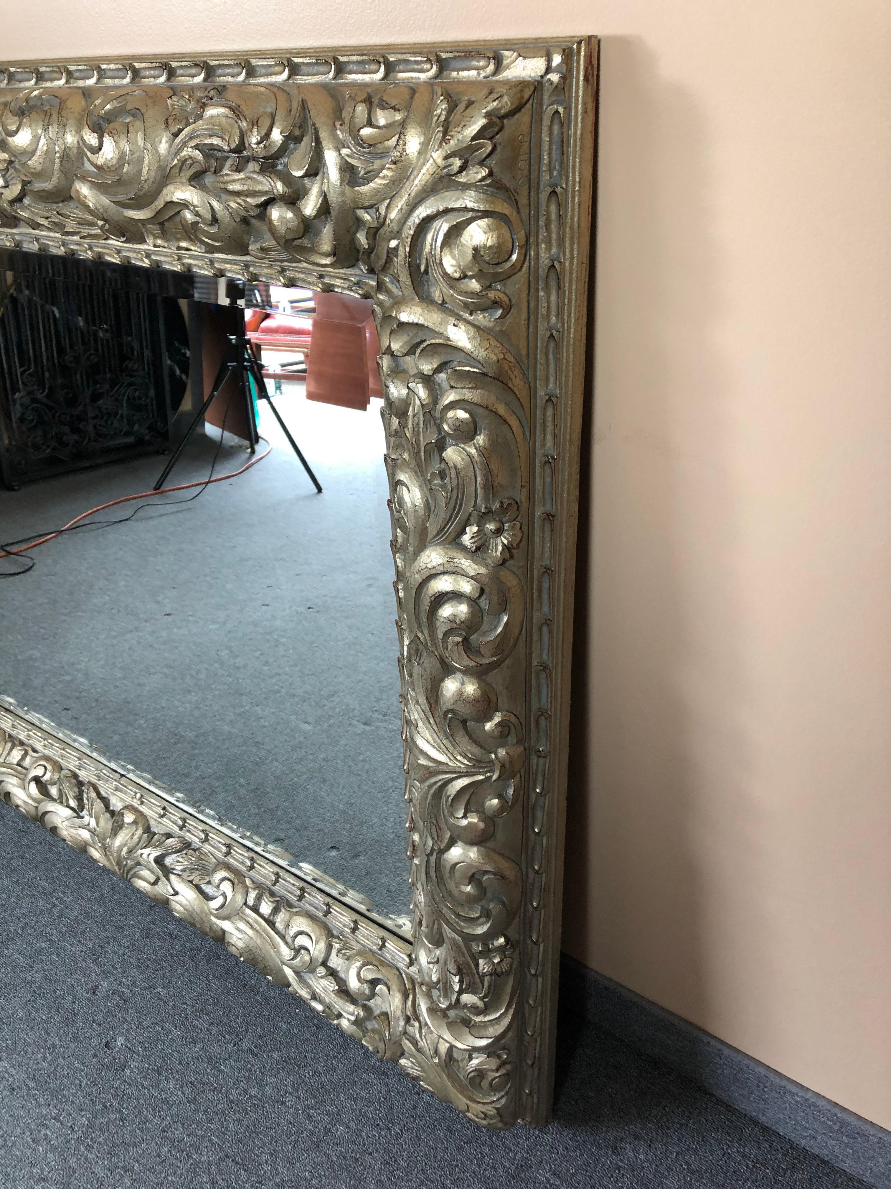 Late 20th Century Very Large Ornately Carved Silver Leaf Horizontal Rectangular Mirror For Sale