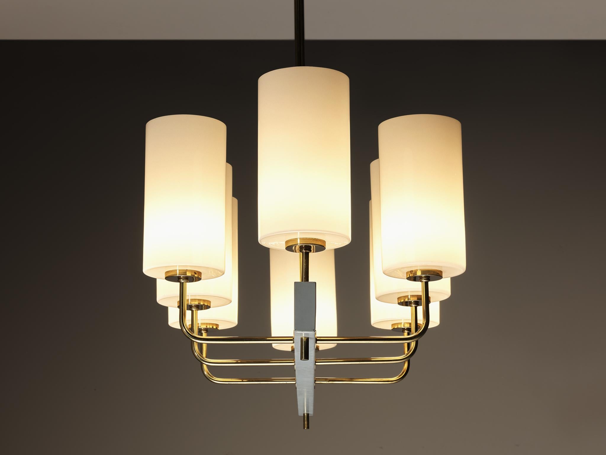 Scandinavian Modern Very Large Paavo Tynell for Idman Monumental Chandelier in Brass Opal Glass