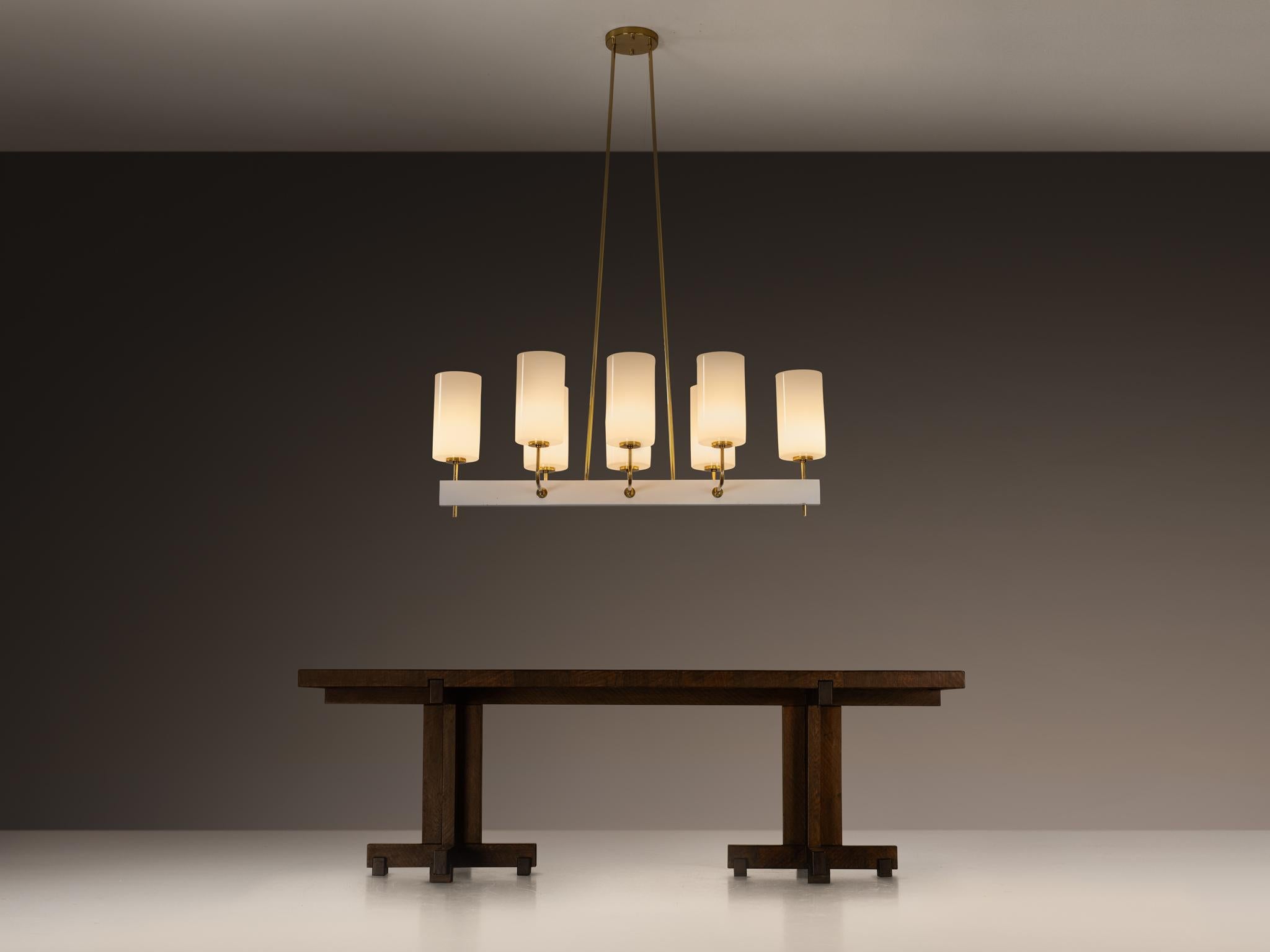 Scandinavian Modern Very Large Paavo Tynell for Idman Monumental Chandelier in Brass Opal Glass For Sale