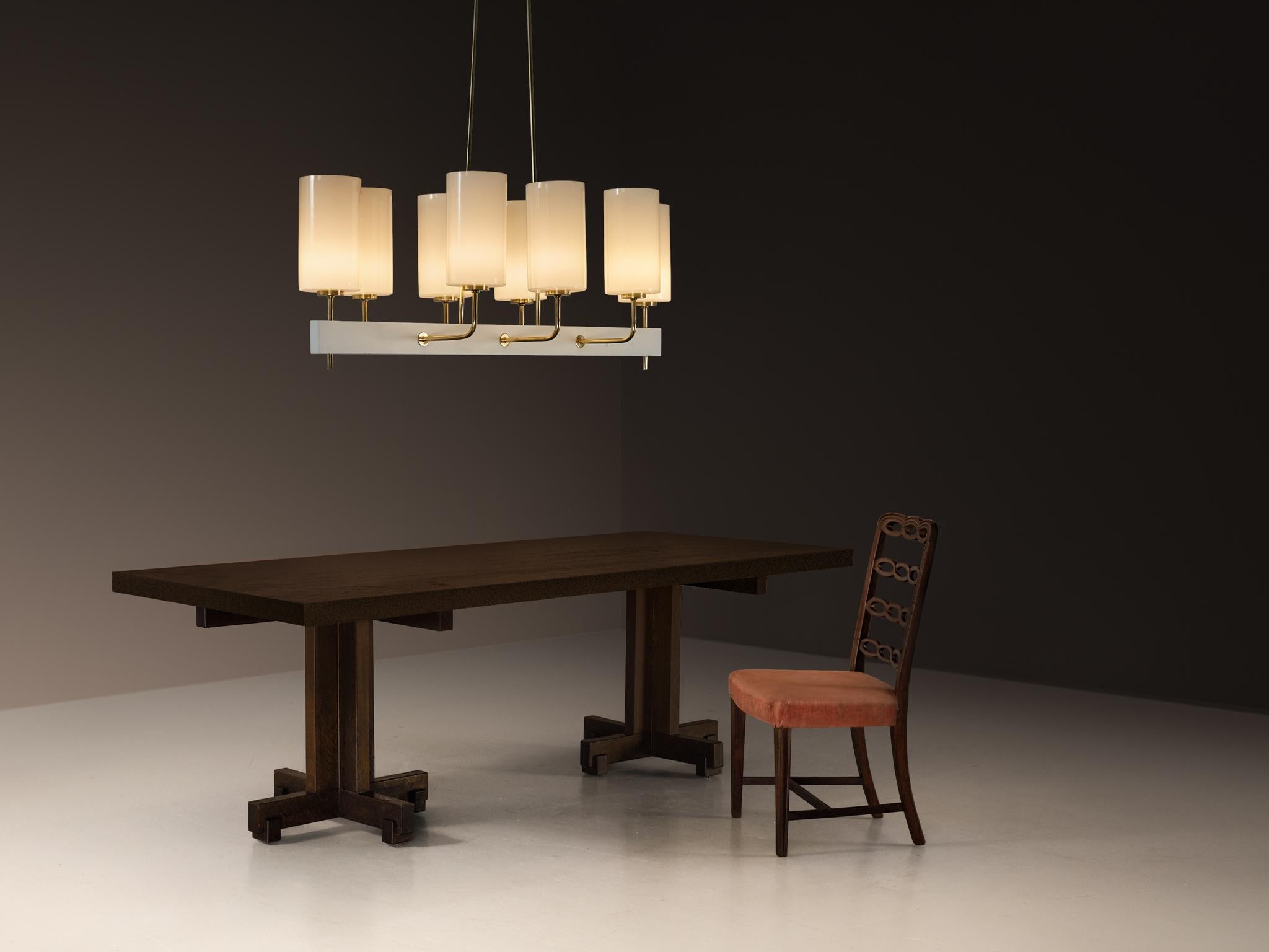Mid-20th Century Very Large Paavo Tynell for Idman Monumental Chandelier in Brass Opal Glass For Sale