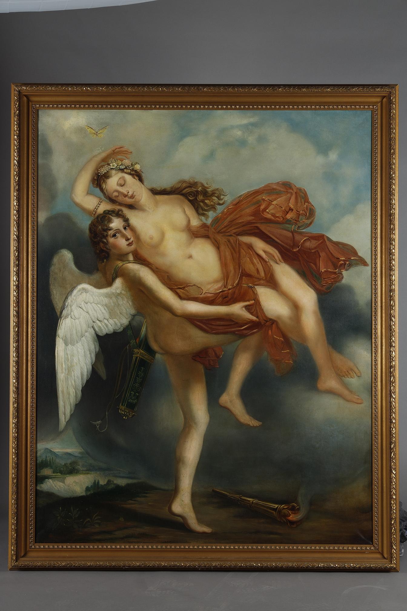 Very large oil on canvas by the 19th century French neo-classical school, Psyche and Love. At their feet, the lit torch, attribute of Love, and hanging from the young god's neck, the quiver whose arrows ignite desire.

Inspired by the story of The