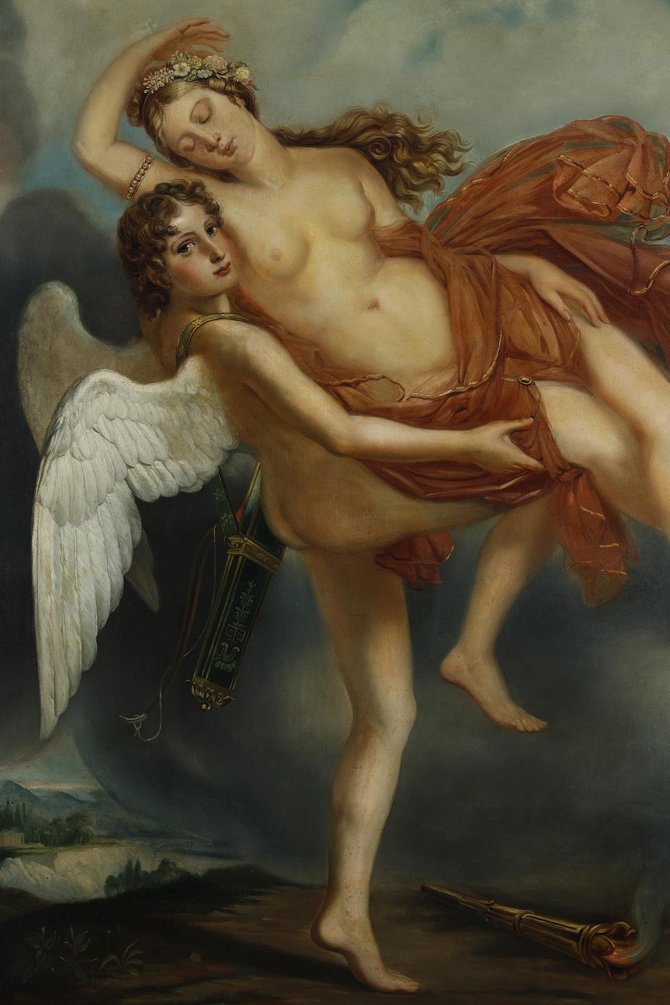 Canvas Very large painting of  Psyche and Love, French Neoclassical School For Sale