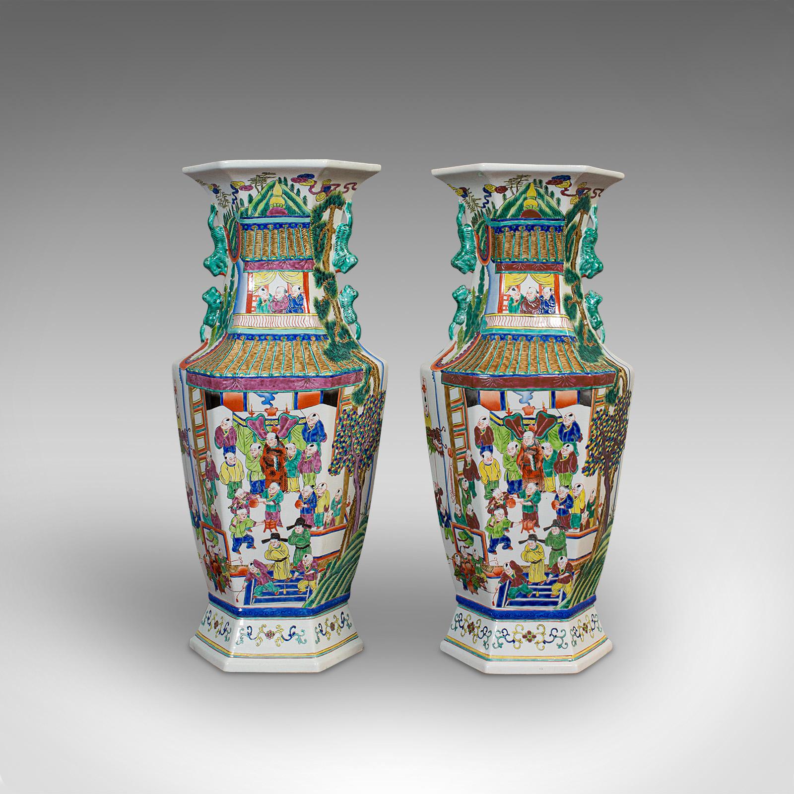 Late Victorian Very Large Pair, Antique Decorative Vases, Oriental, Ceramic, Urn, circa 1900 For Sale
