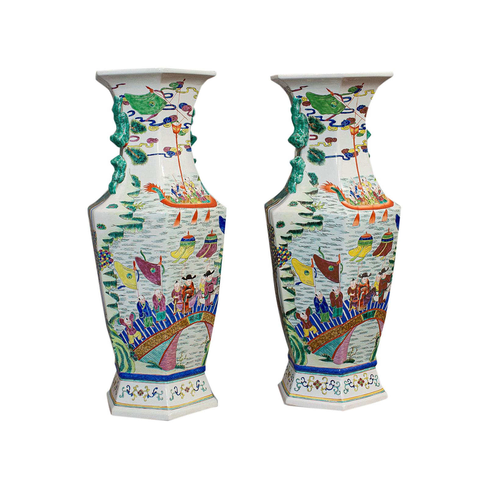 Very Large Pair, Antique Decorative Vases, Oriental, Ceramic, Urn, circa 1900