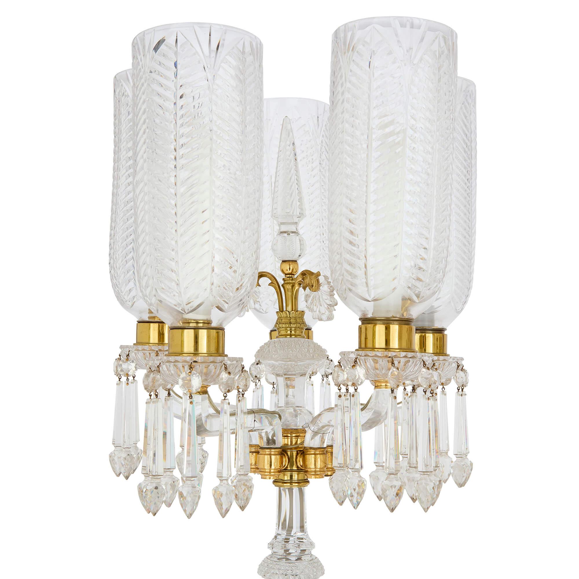 Très grande paire d'anciens candélabres anglais en métal doré et cristal taillé Osler 
A.I.C., c. 1880
Hauteur 183,5cm / 186cm, diamètre 40cm

Cette luxueuse paire de grands candélabres anciens témoigne d'un savoir-faire exceptionnel et d'un design