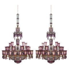 Very Large Pair Antique English Cut Glass Purple Clear Chandeliers F&C Osler