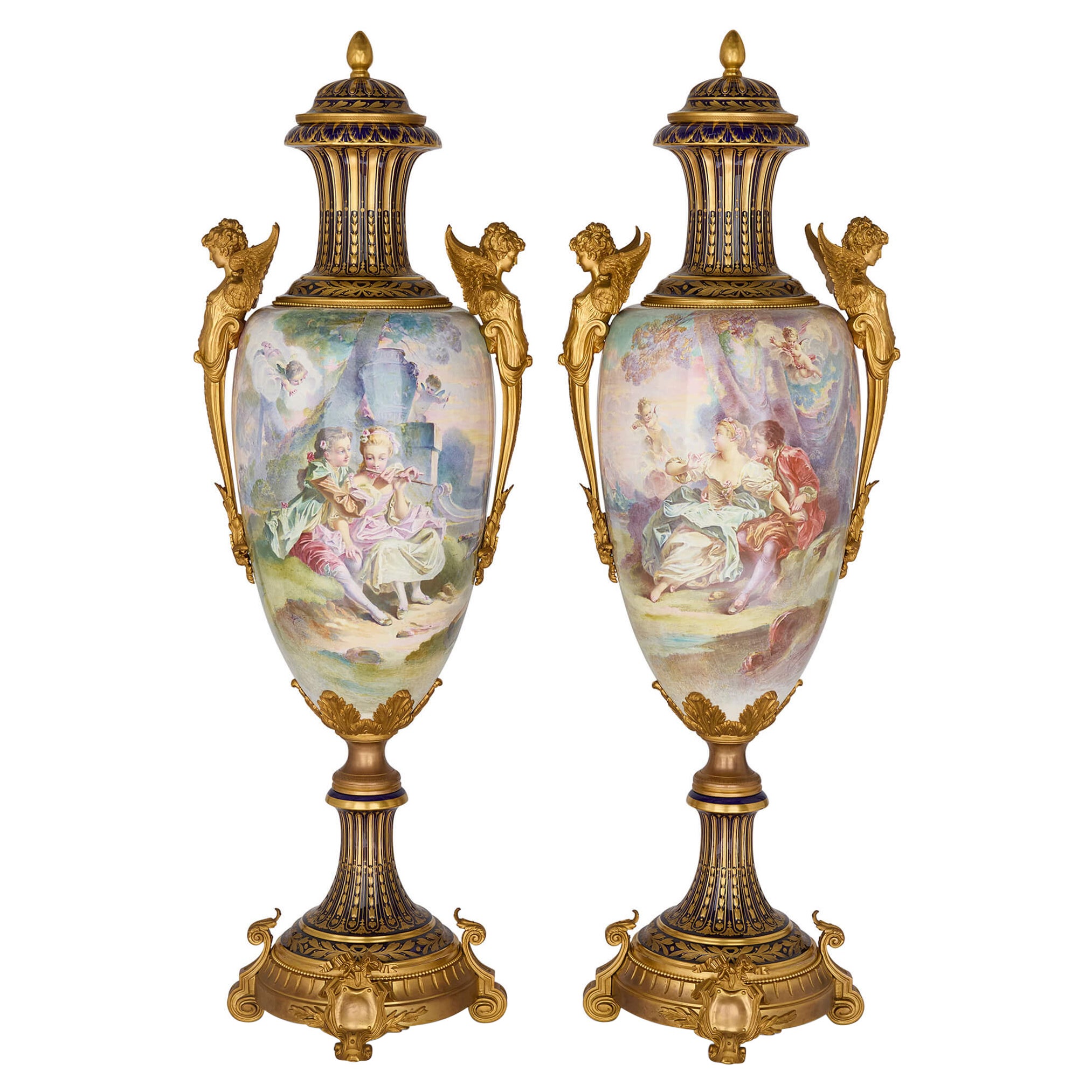 Coppia molto grande di vasi in porcellana Ormolu in stile Antique French Sèvres in vendita