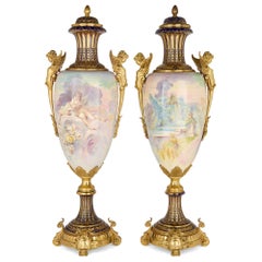 Very Large Pair Antique Rococo Style Painted Sèvres Style Porcelain Ormolu Vases
