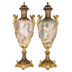 Very Large Pair Antique Rococo Style Painted Sèvres Style Porcelain Ormolu Vases