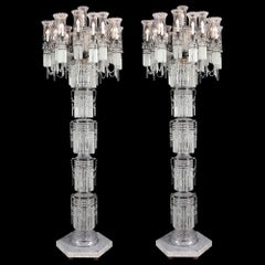 Very Large Pair Bohemian Cut Frosted Glass Marble Clear White Candelabra