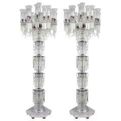 Very Large Pair Bohemian Cut Frosted Glass Marble Clear White Candelabra
