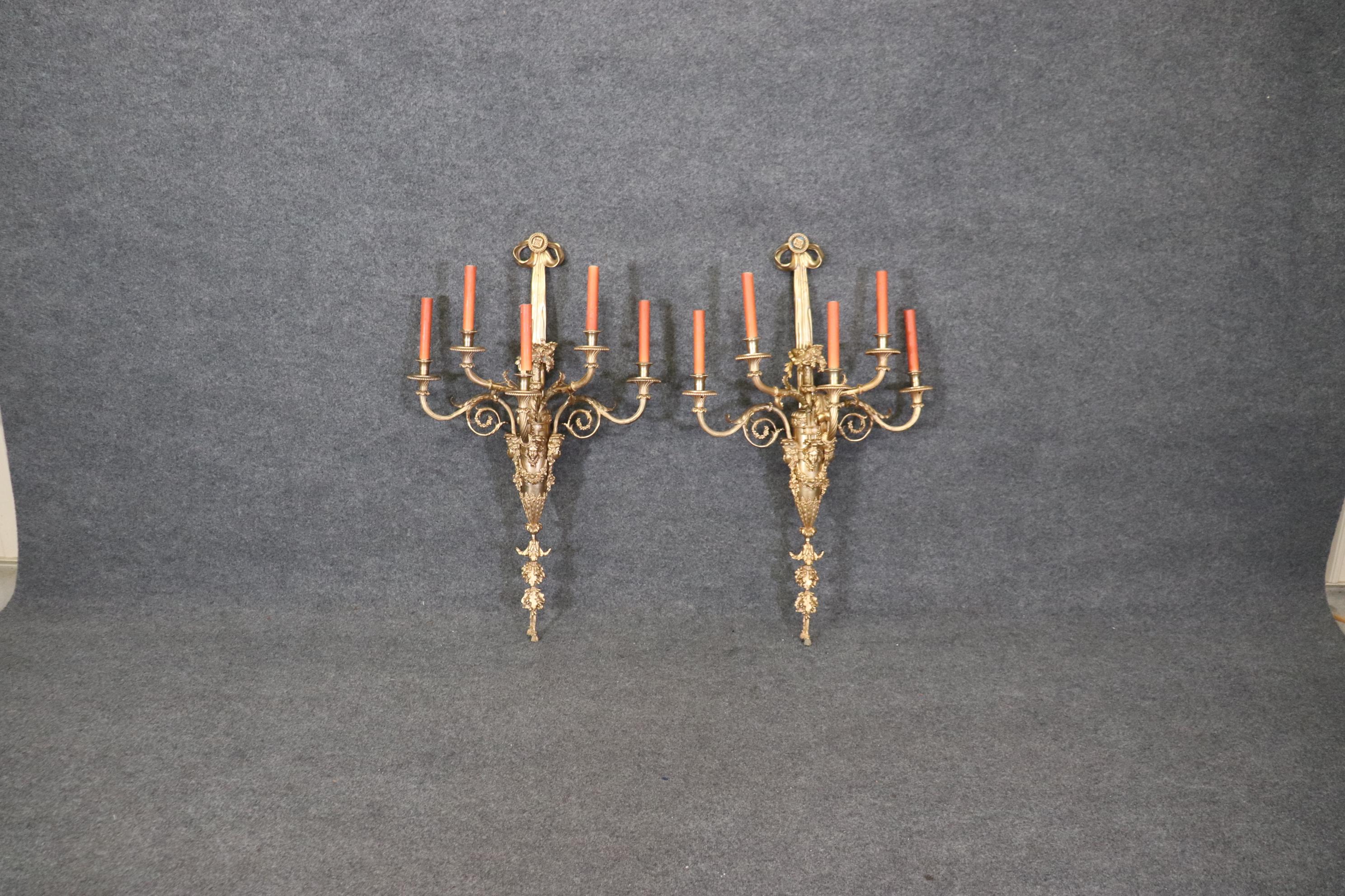 Very Large Pair French Louis XV 5 Light Electrified Bronze Figural Sconces For Sale 6