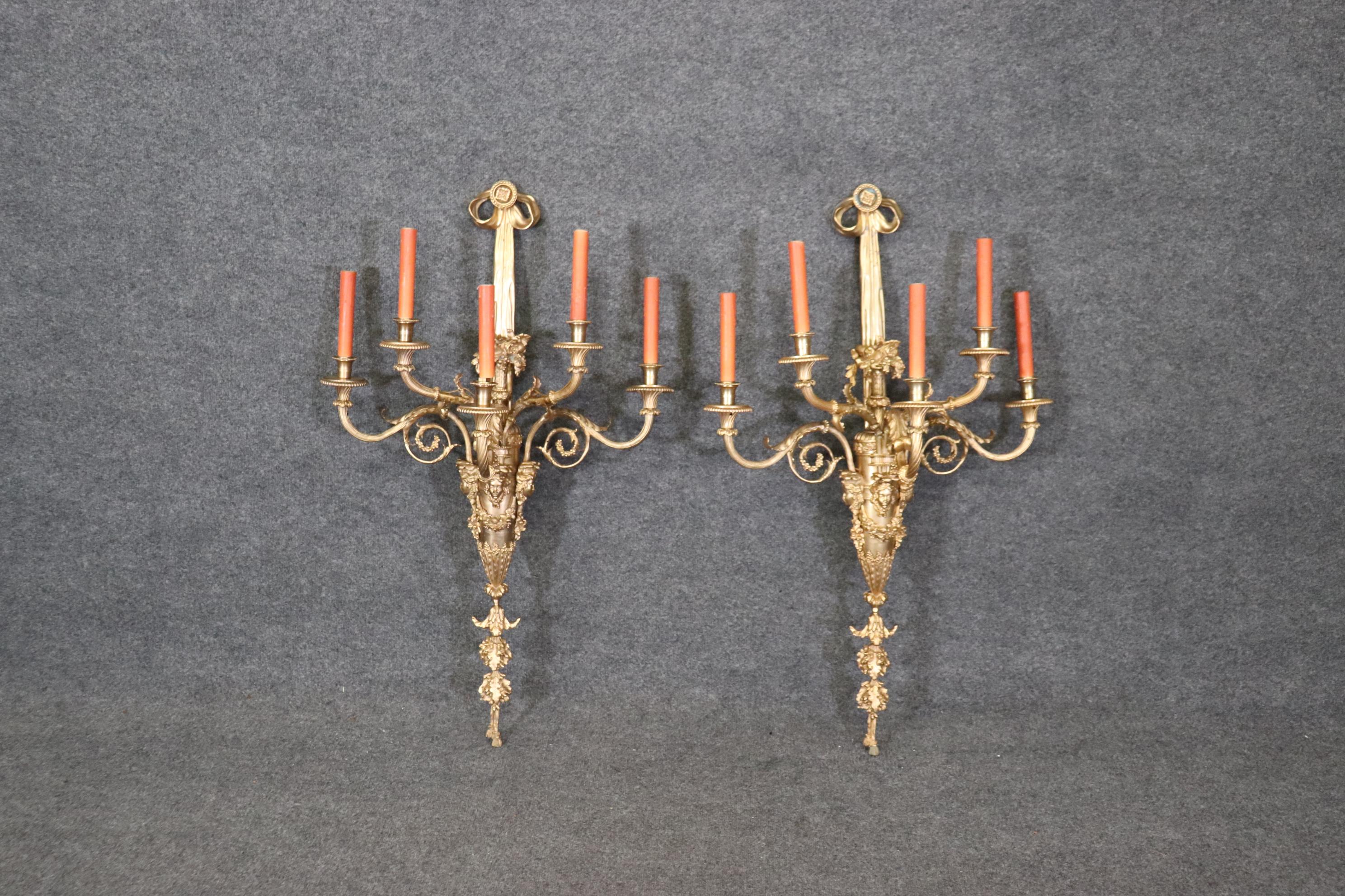 Very Large Pair French Louis XV 5 Light Electrified Bronze Figural Sconces For Sale 7