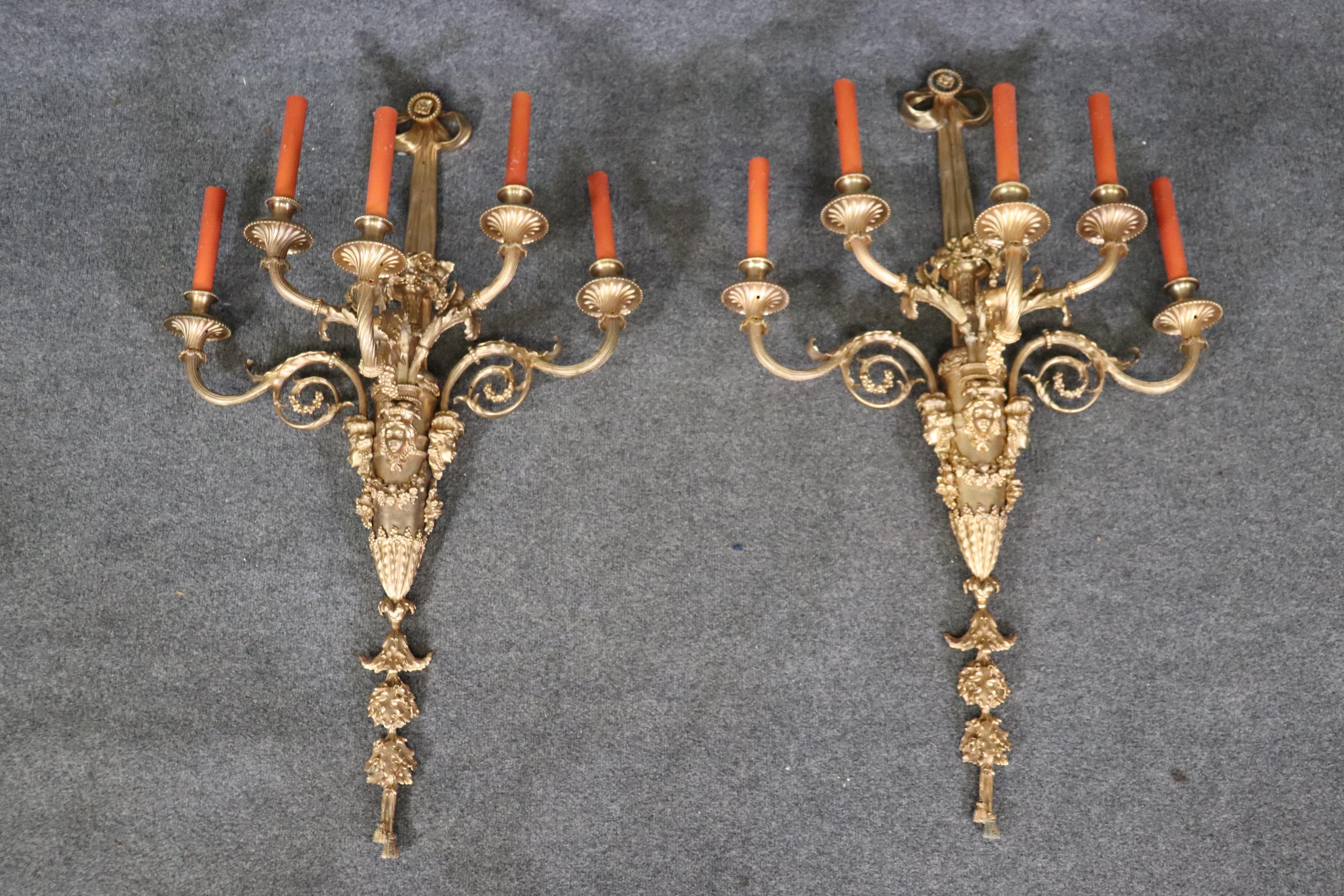 Very Large Pair French Louis XV 5 Light Electrified Bronze Figural Sconces For Sale 2