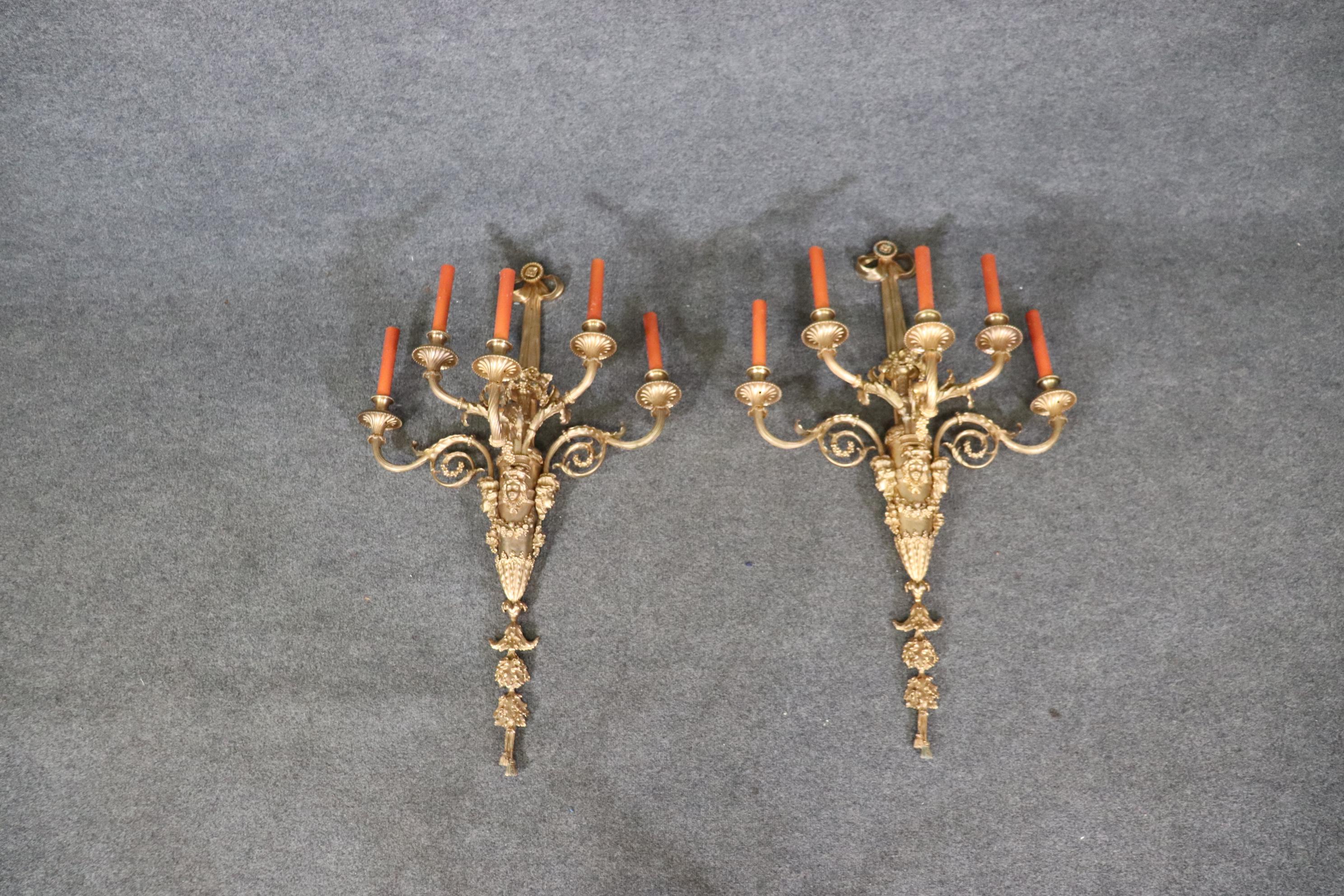 Very Large Pair French Louis XV 5 Light Electrified Bronze Figural Sconces For Sale 3