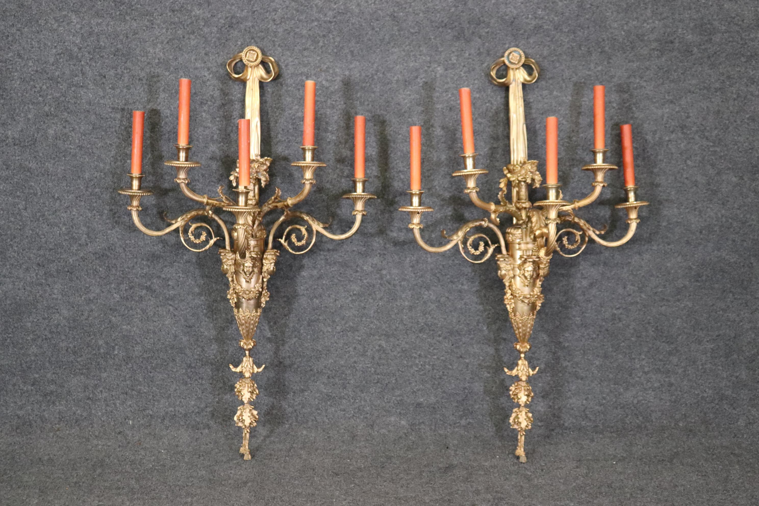 Very Large Pair French Louis XV 5 Light Electrified Bronze Figural Sconces For Sale 4