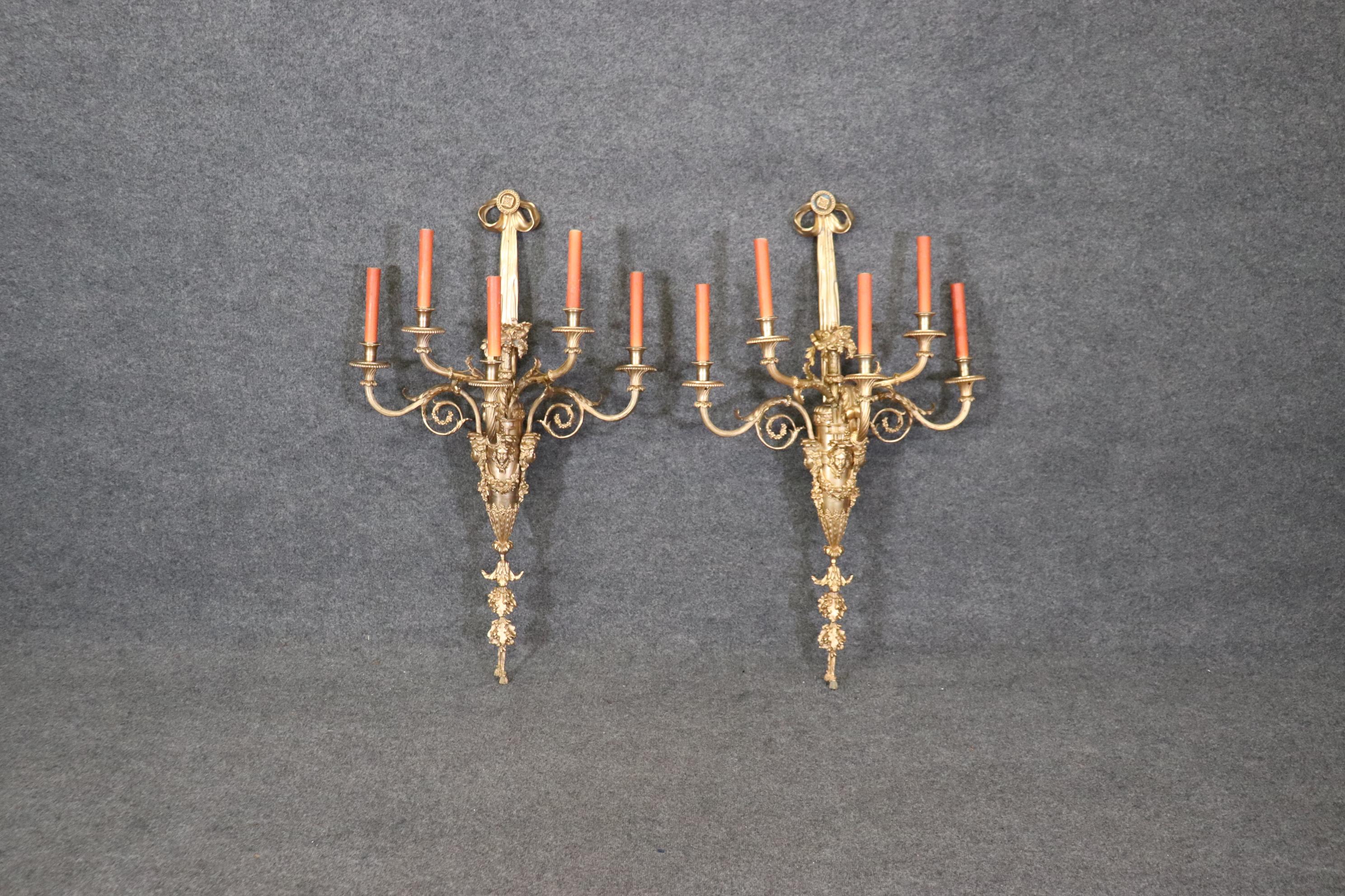 Very Large Pair French Louis XV 5 Light Electrified Bronze Figural Sconces For Sale 5