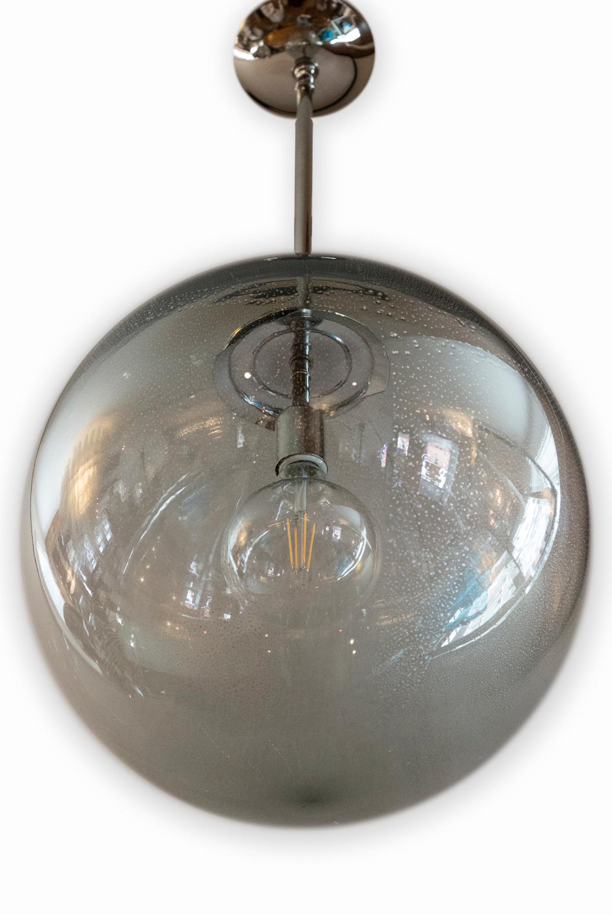 Blown Glass Very Large Pair Italian Murano Glass Blown Grey Globe Ceiling Fixtures, UL For Sale