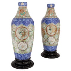 Antique Very Large Pair Meiji Period Imari Porcelain Japanese Vases Stands