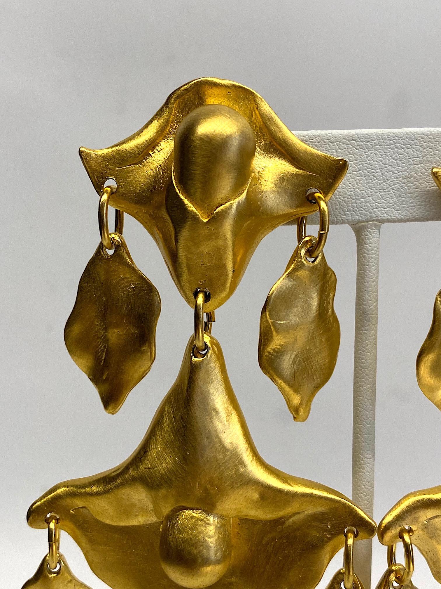 A remarkable pair of huge pendant earrings in the style of Clara Studio Inc. of NY. Clara Studio Inc. was founded in 1979 by  Clara Kasavina-Berger. Clara Studio has been producing find and costume jewelry ever since in small collections and always