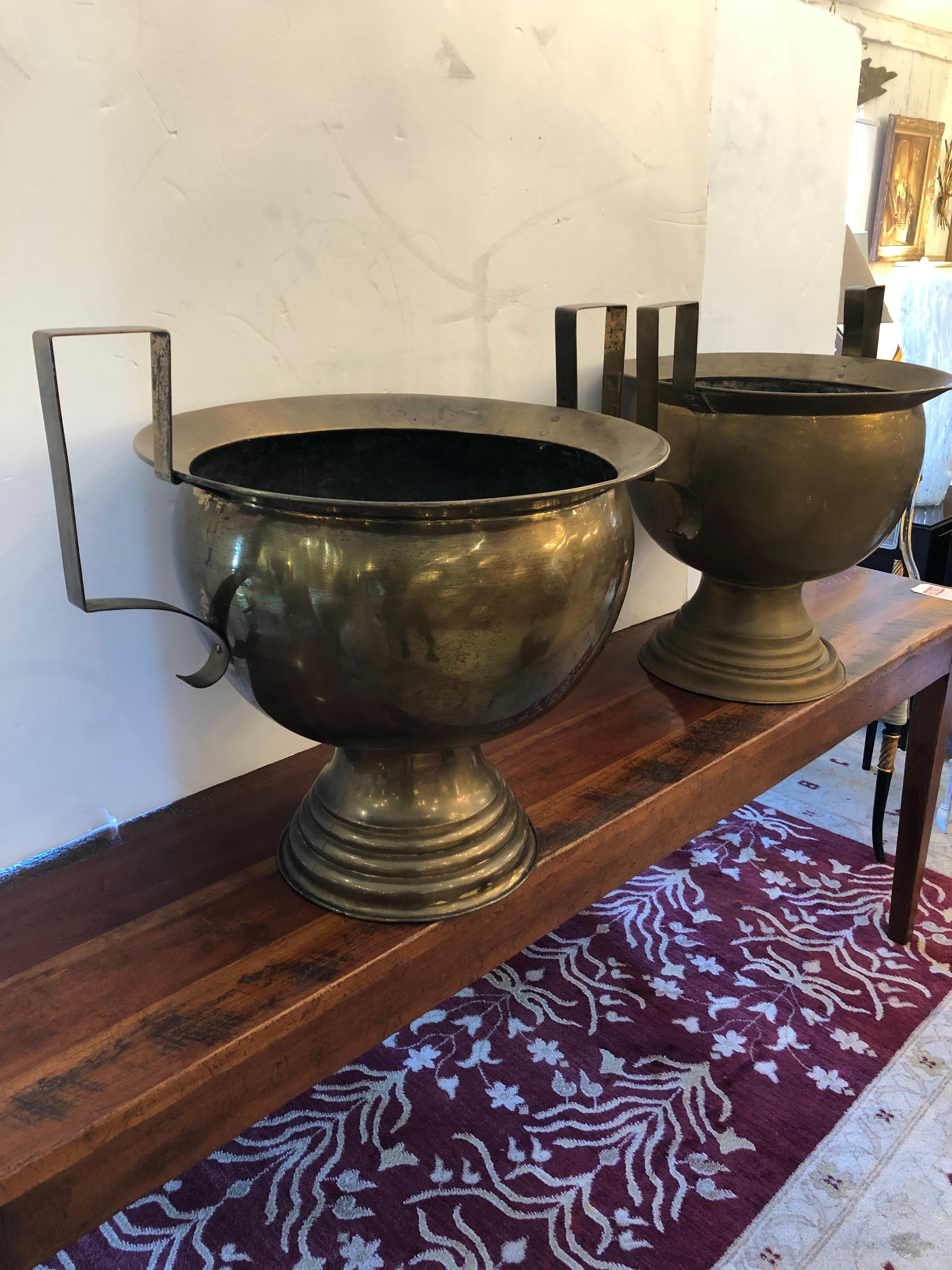 Very Large Pair of 19th Century French Brass Planters Urns or Centerpieces 6