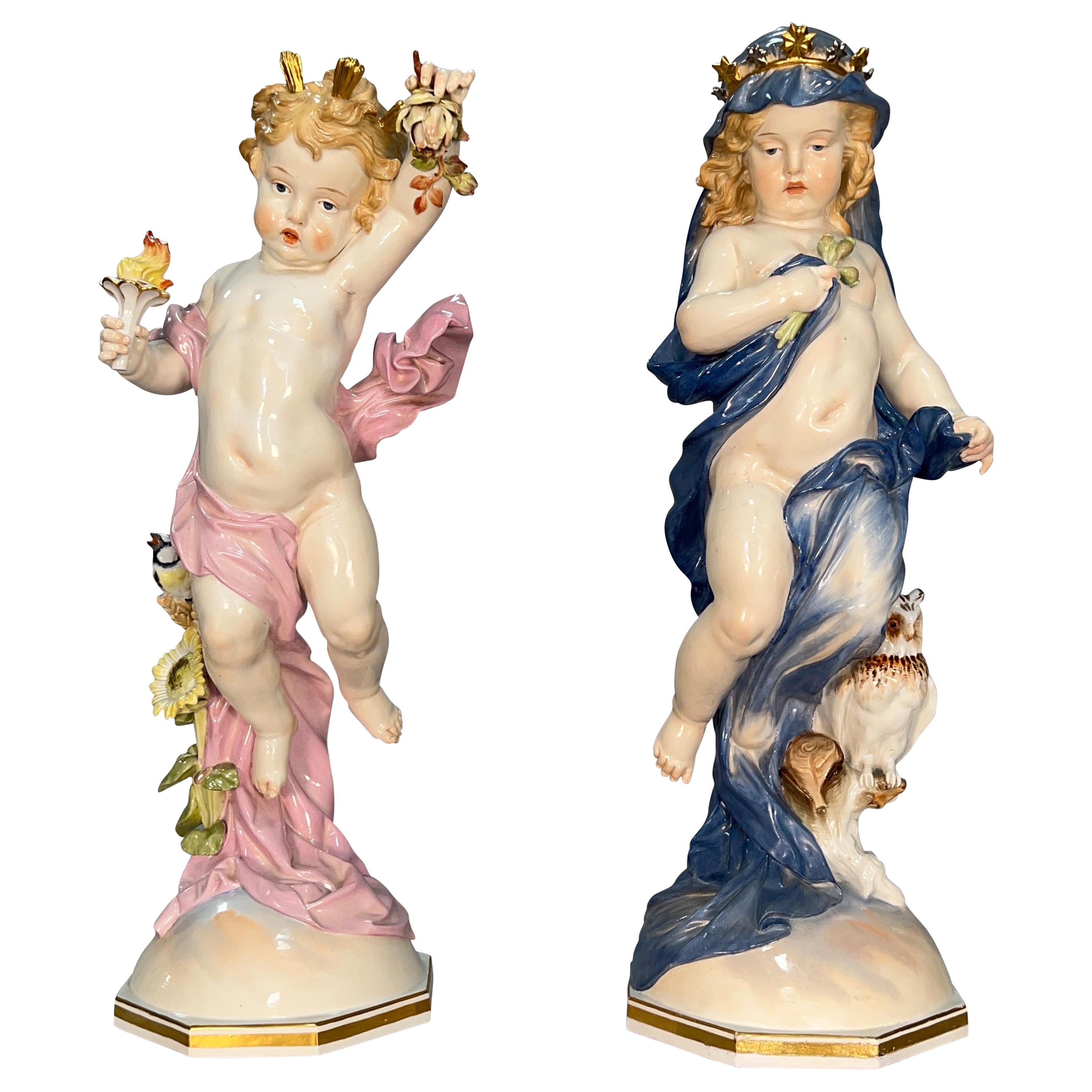 Très grande paire de figurines de jour et de nuit de Meissen du 19ème siècle