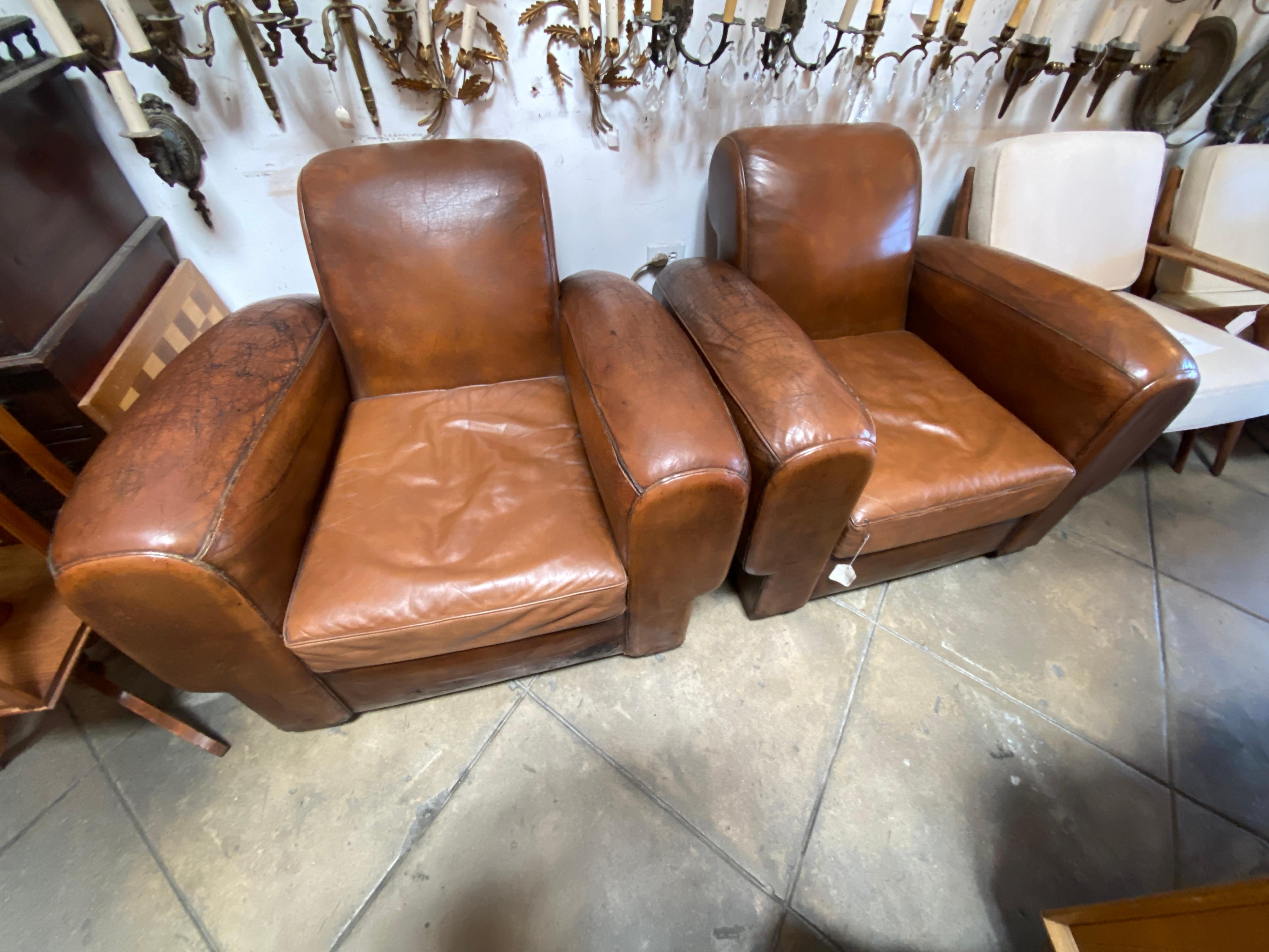 Leather Very Large Pair of Antique French 1930 Club Chairs For Sale