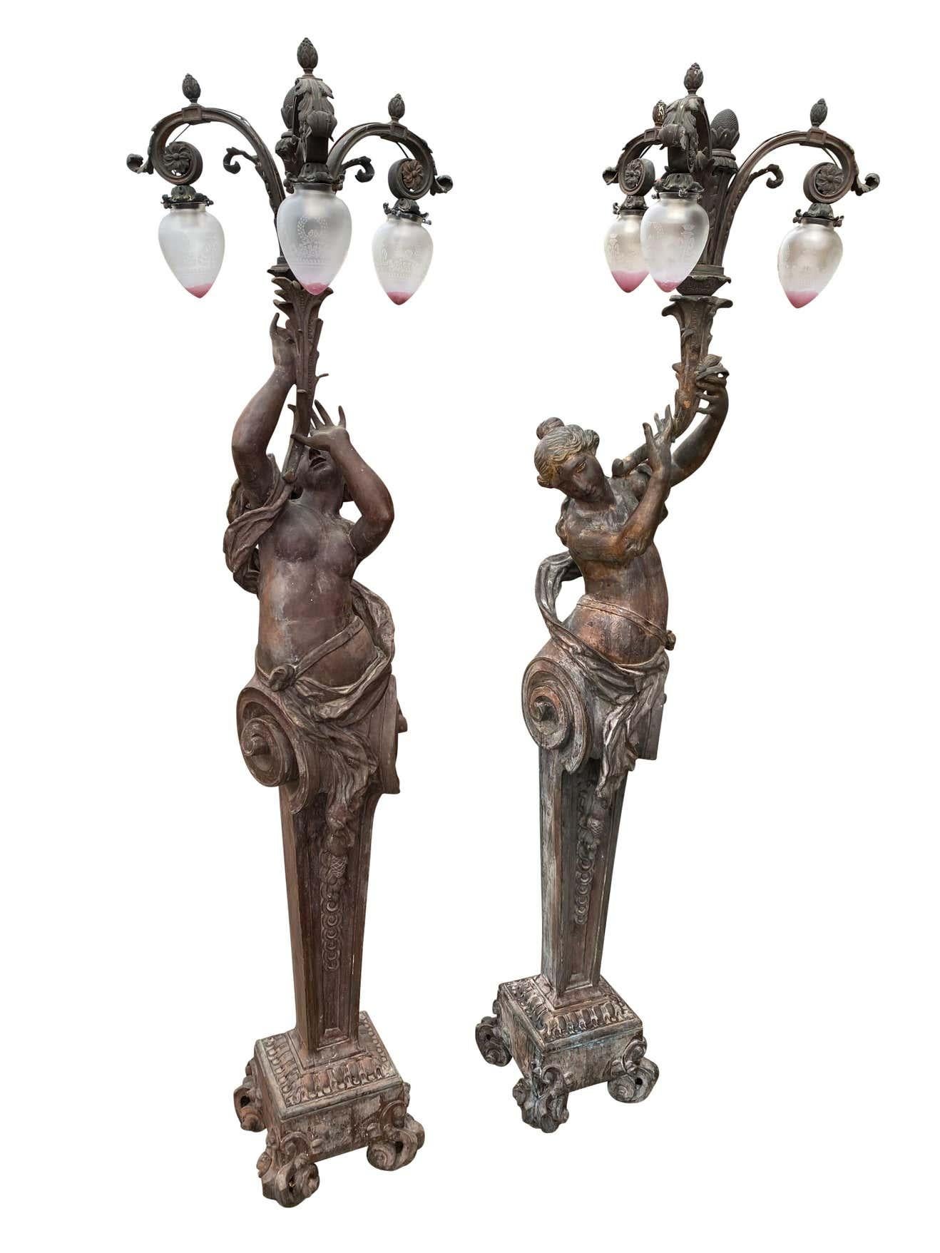 Very Large Pair of Bronze Torchère Figurative Lamps, circa 1920s For Sale 11